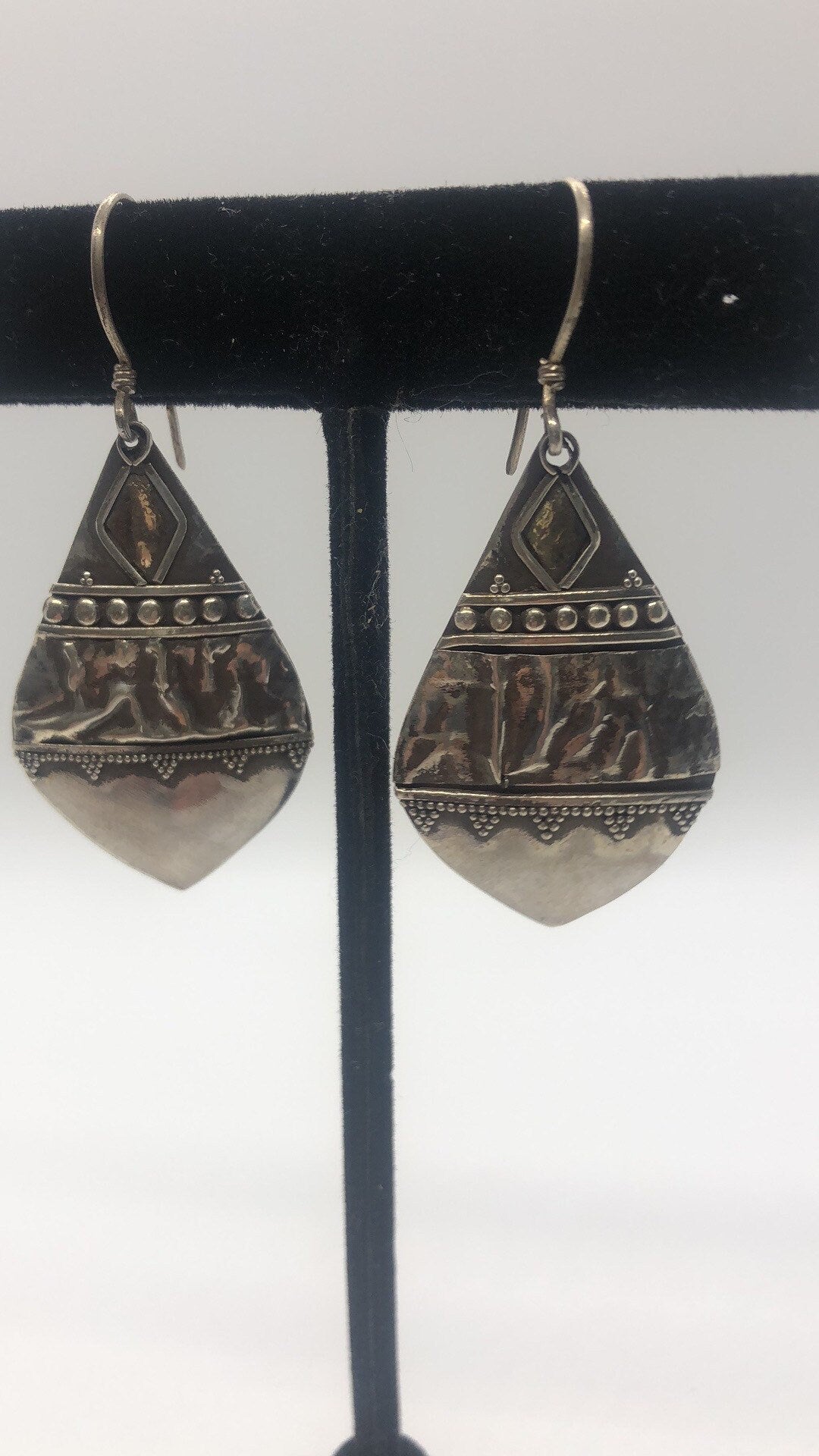 Vintage Hand made Indonesian Sterling Silver with Gold Wash Earrings, new old stock, shields