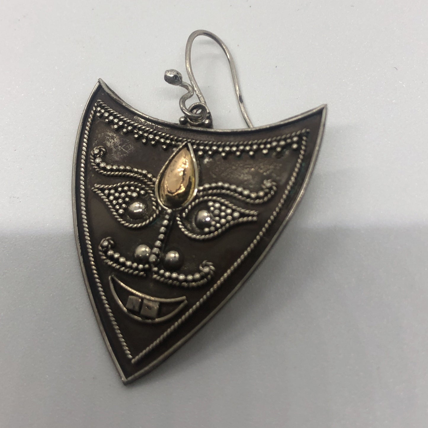 Vintage Hand made Indonesian Sterling Silver with Gold Wash Earrings, new old stock, shields and face