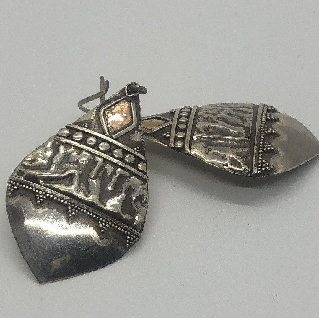 Vintage Hand made Indonesian Sterling Silver with Gold Wash Earrings, new old stock, shields