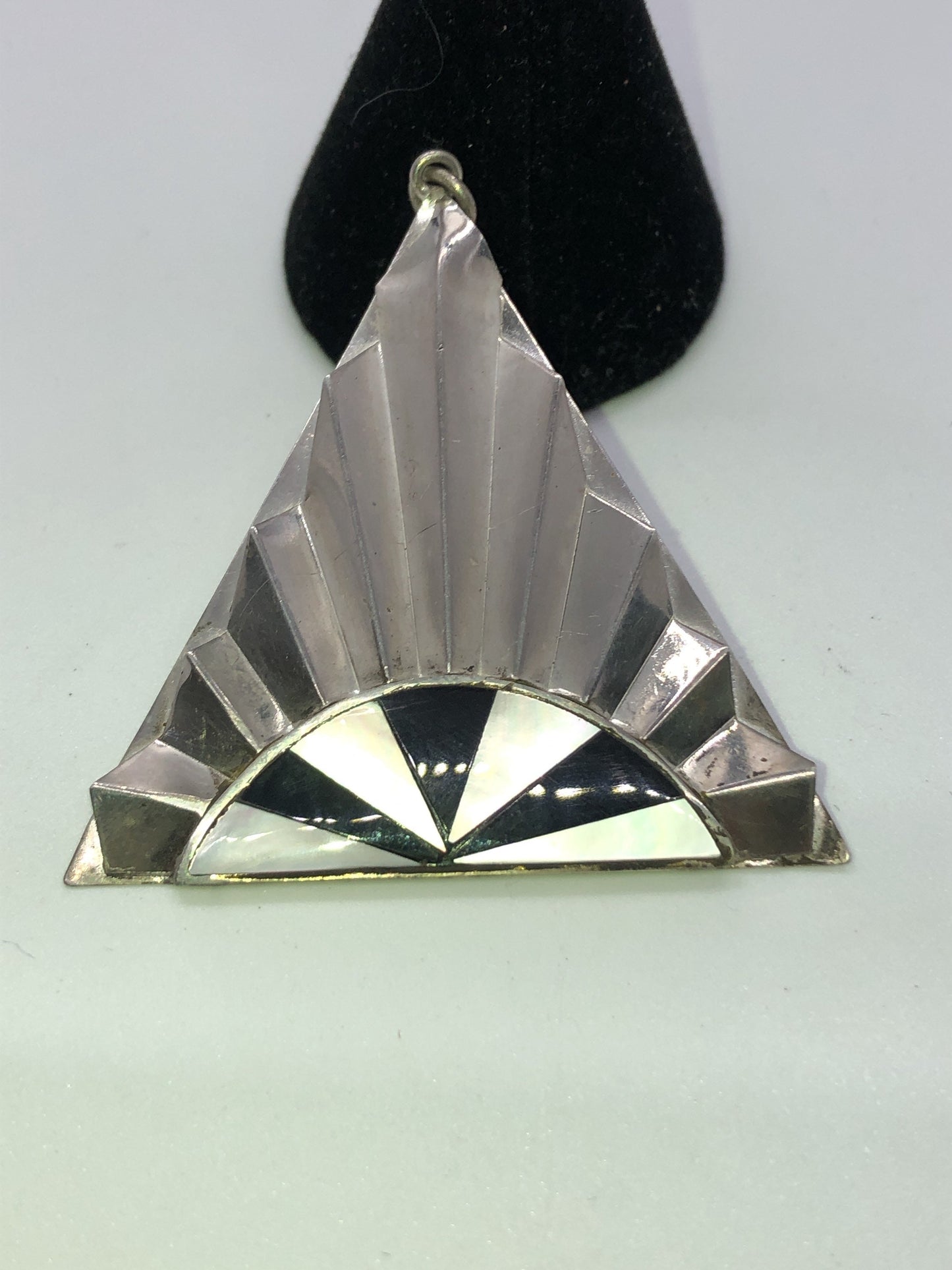 Large Mother of pearl & onyx Vintage Handmade Sterling Silver Earrings Indonesia, Vintage old stock