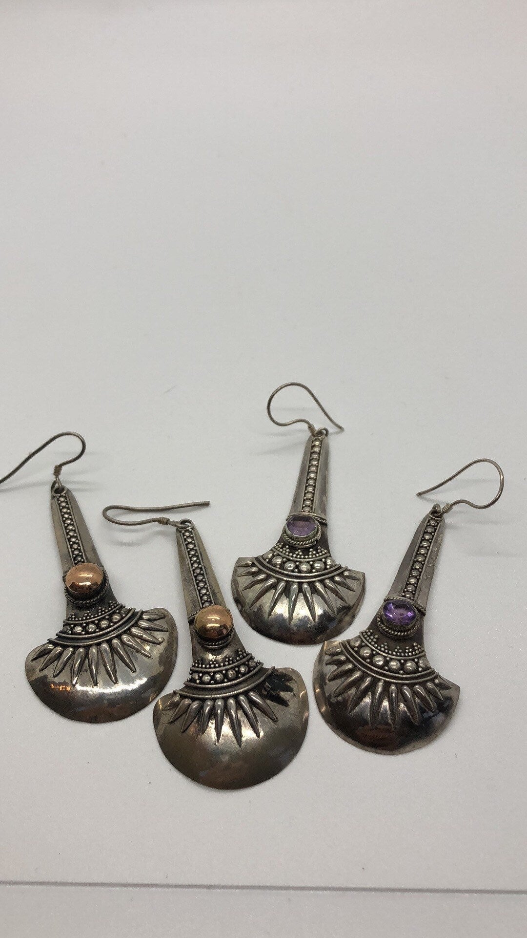 Vintage Hand made Indonesian Sterling Silver with amethyst or Gold Wash Earrings, Large, new old stock, shields