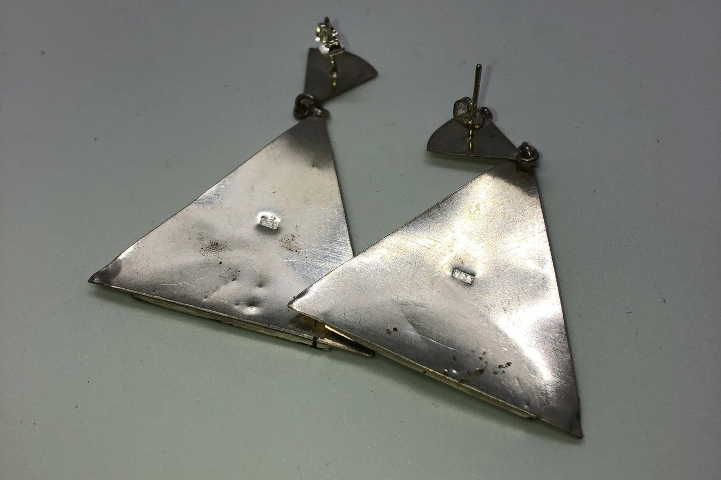Large Mother of pearl & onyx Vintage Handmade Sterling Silver Earrings Indonesia, Vintage old stock