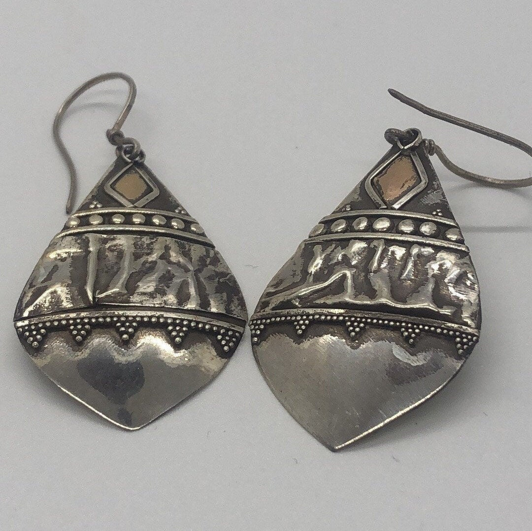 Vintage Hand made Indonesian Sterling Silver with Gold Wash Earrings, new old stock, shields