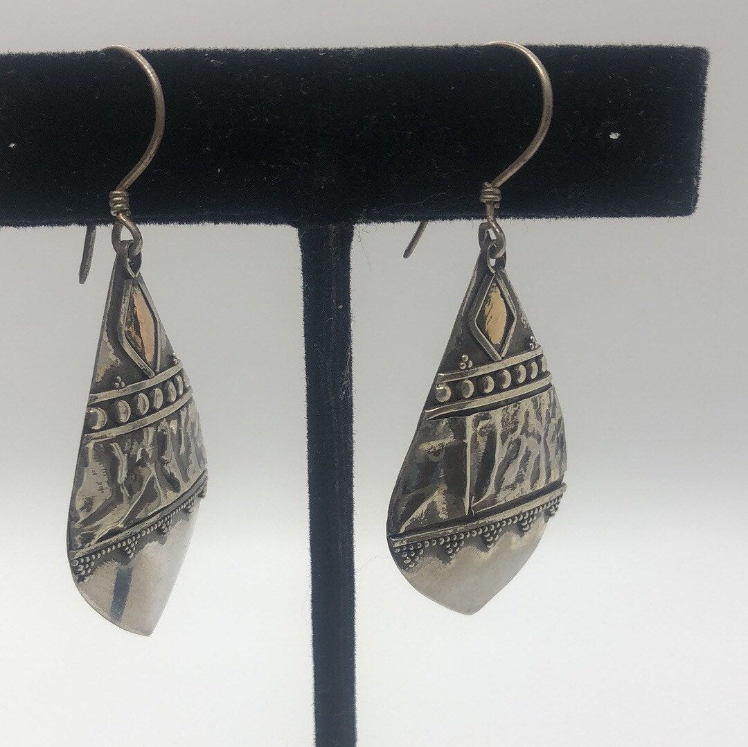 Vintage Hand made Indonesian Sterling Silver with Gold Wash Earrings, new old stock, shields