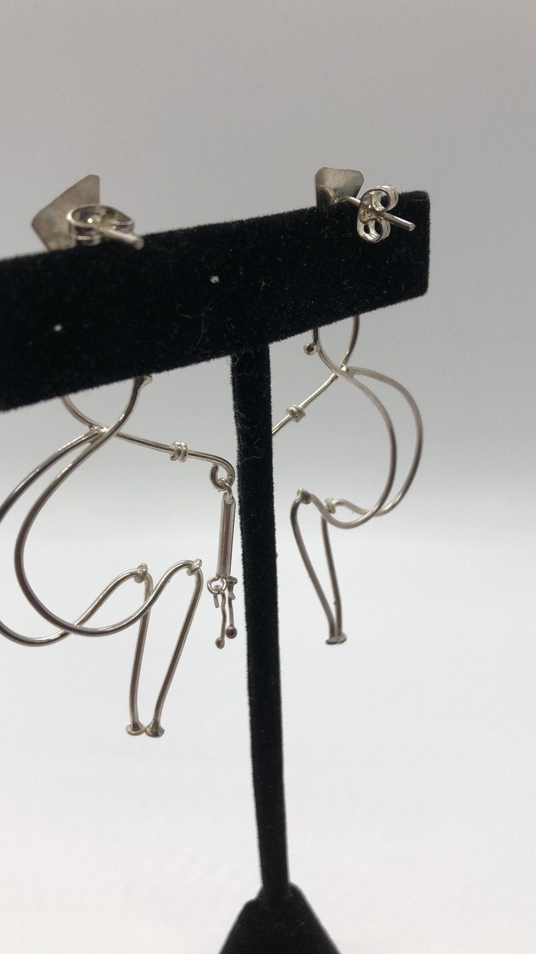 Large Vintage Handmade Sterling Silver Earrings Indonesia, Vintage old stock, human walking with cane
