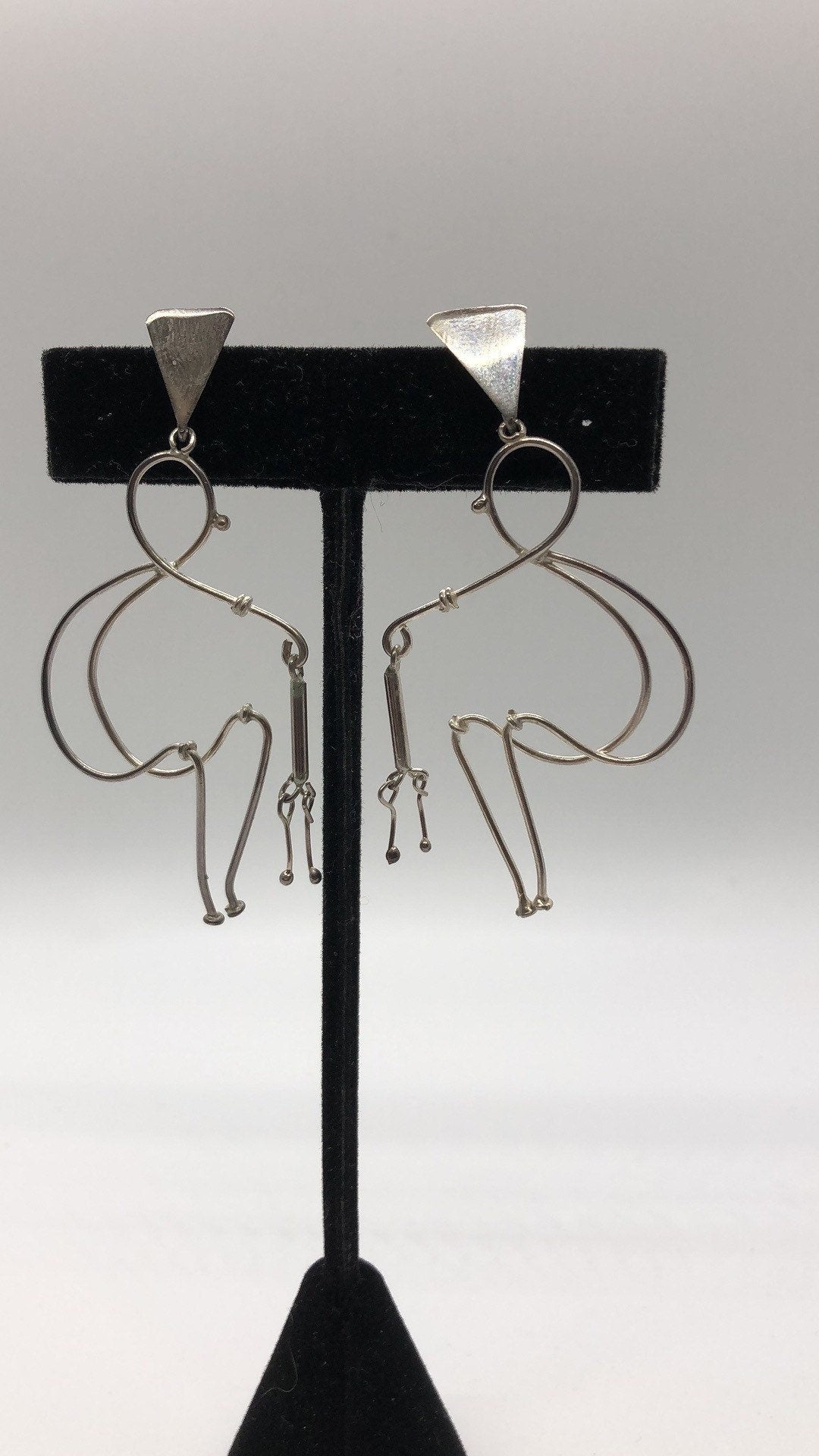 Large Vintage Handmade Sterling Silver Earrings Indonesia, Vintage old stock, human walking with cane