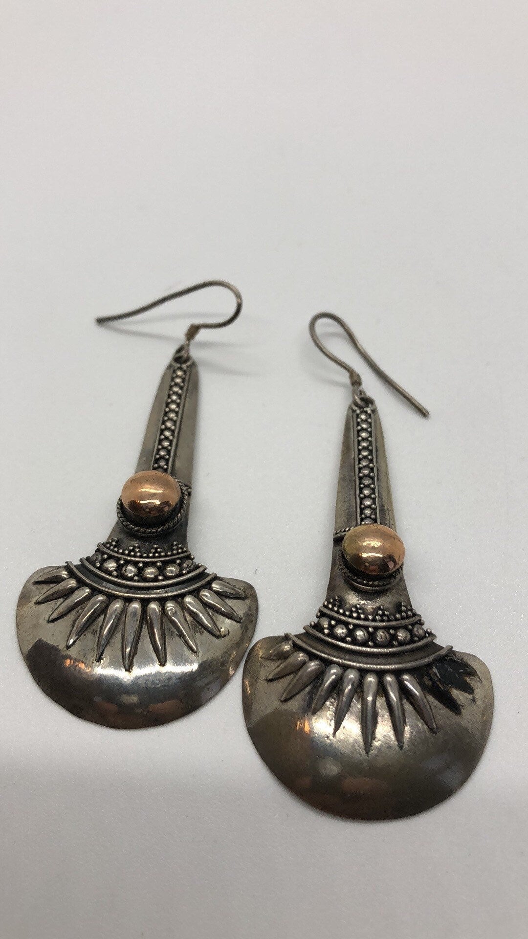 Vintage Hand made Indonesian Sterling Silver with amethyst or Gold Wash Earrings, Large, new old stock, shields