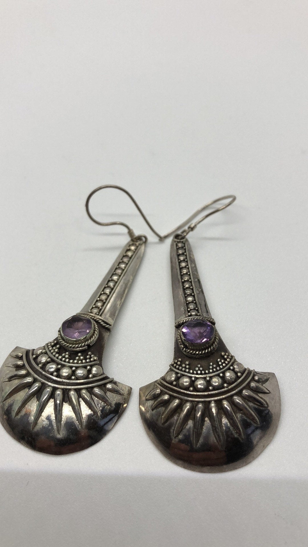 Vintage Hand made Indonesian Sterling Silver with amethyst or Gold Wash Earrings, Large, new old stock, shields