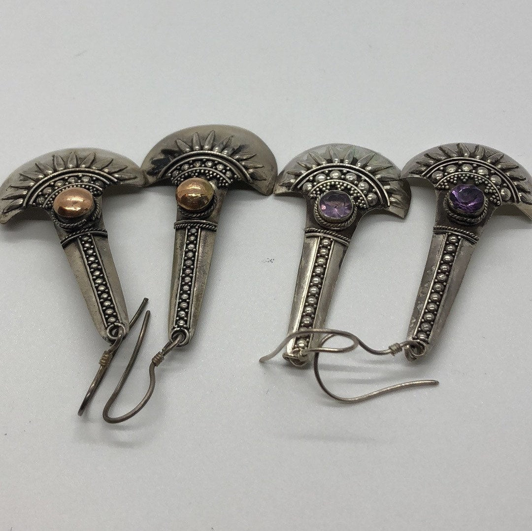 Vintage Hand made Indonesian Sterling Silver with amethyst or Gold Wash Earrings, Large, new old stock, shields