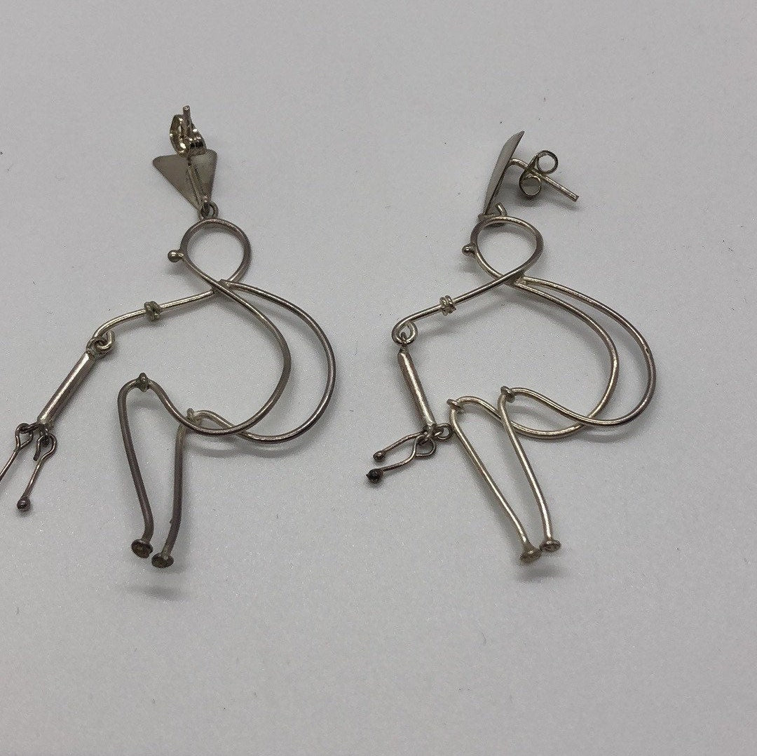 Large Vintage Handmade Sterling Silver Earrings Indonesia, Vintage old stock, human walking with cane