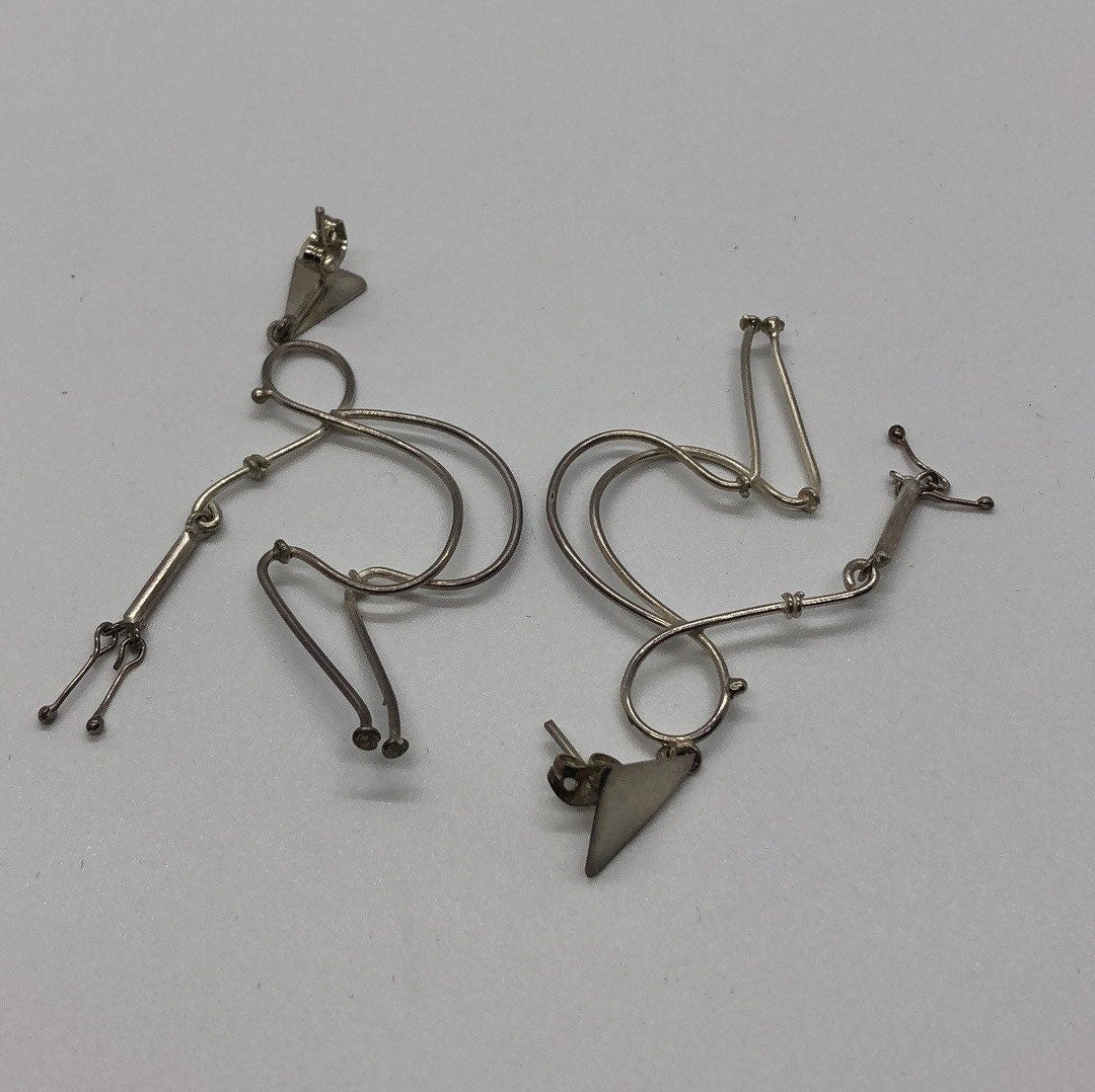 Large Vintage Handmade Sterling Silver Earrings Indonesia, Vintage old stock, human walking with cane
