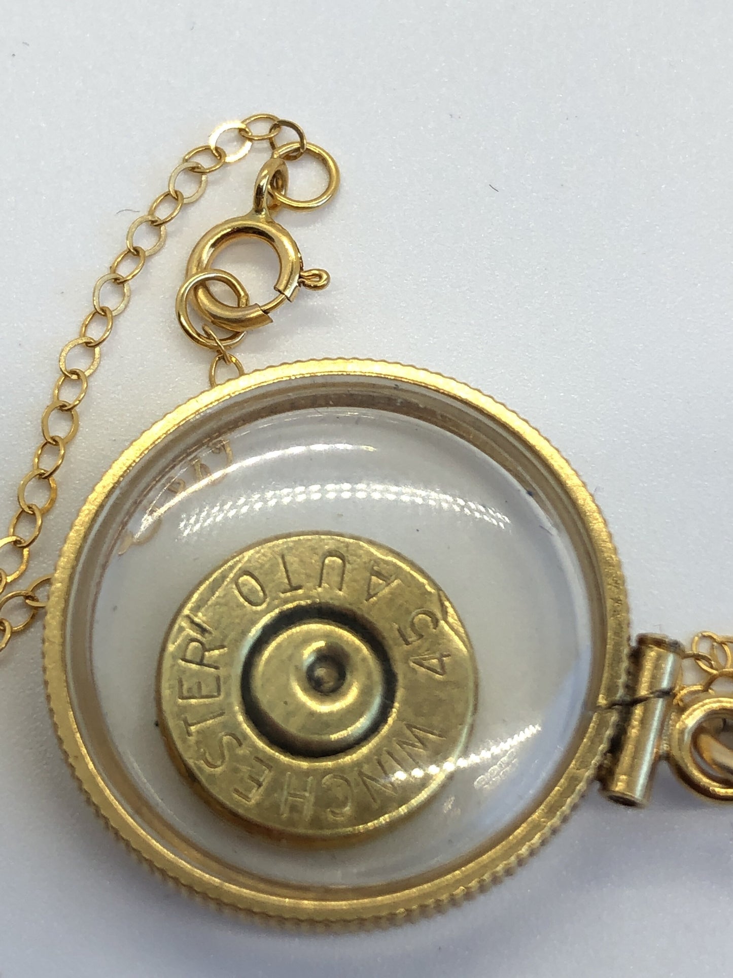 Winchester 45 cal. bullet necklace, back to back view locket, 14k gold filled locket, February birthstone