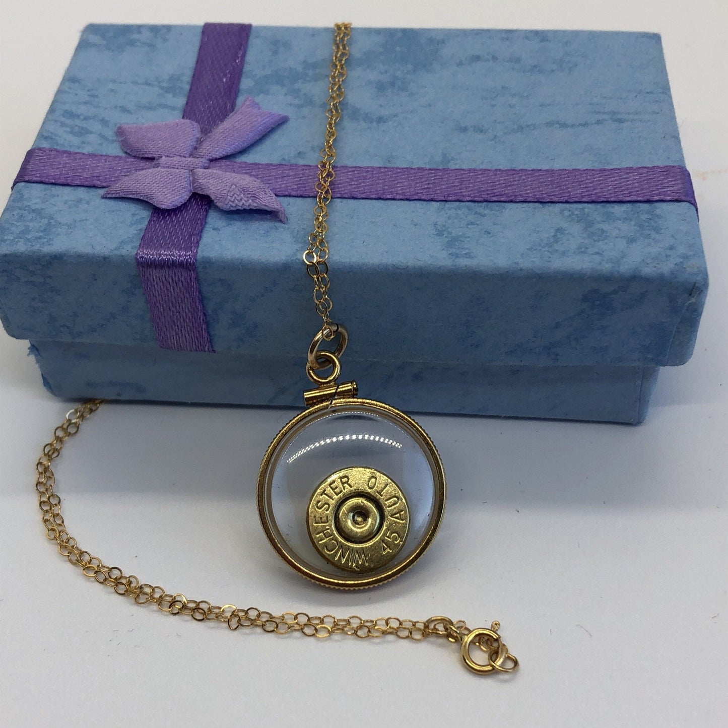Winchester 45 cal. bullet necklace, back to back view locket, 14k gold filled locket, February birthstone