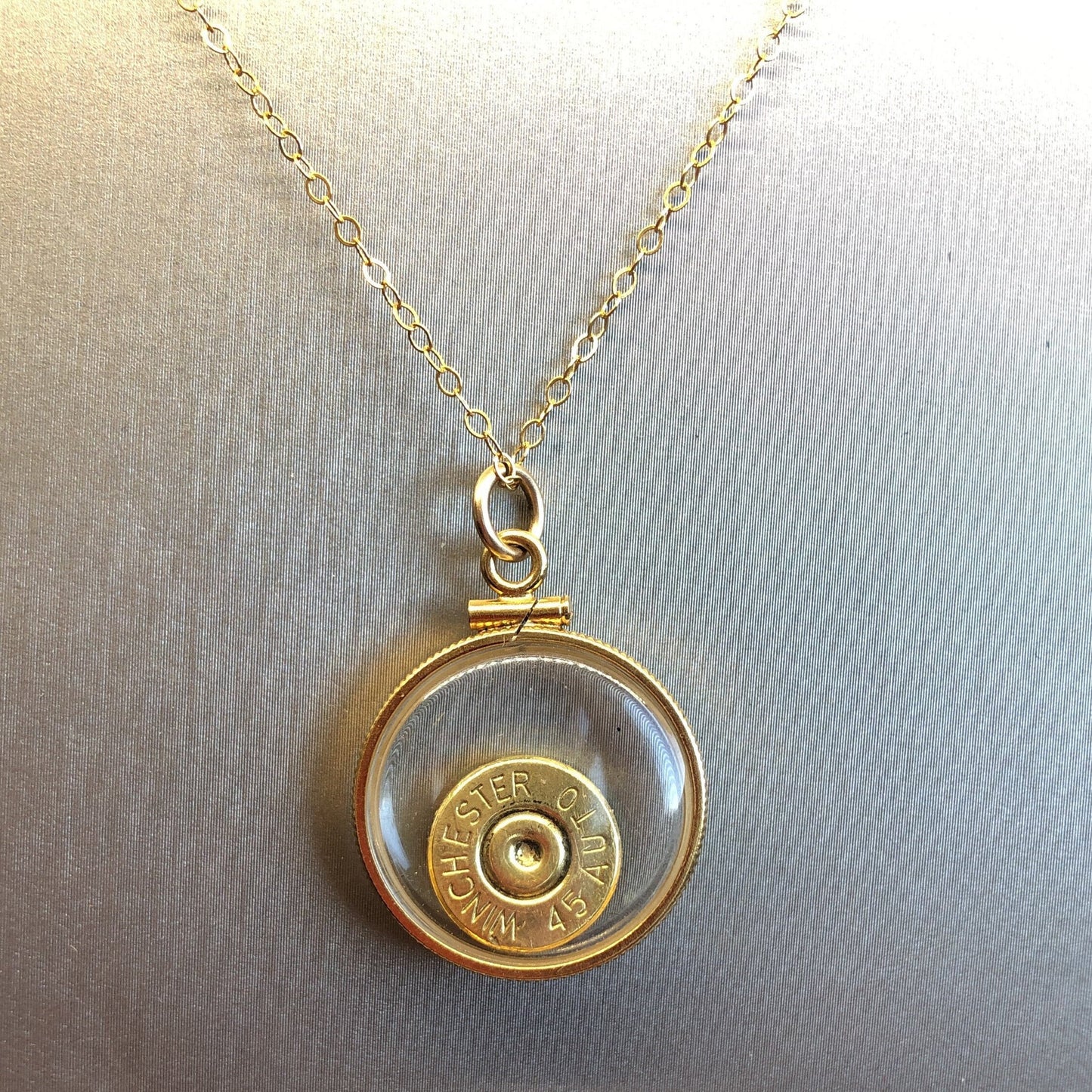 Winchester 45 cal. bullet necklace, back to back view locket, 14k gold filled locket, February birthstone