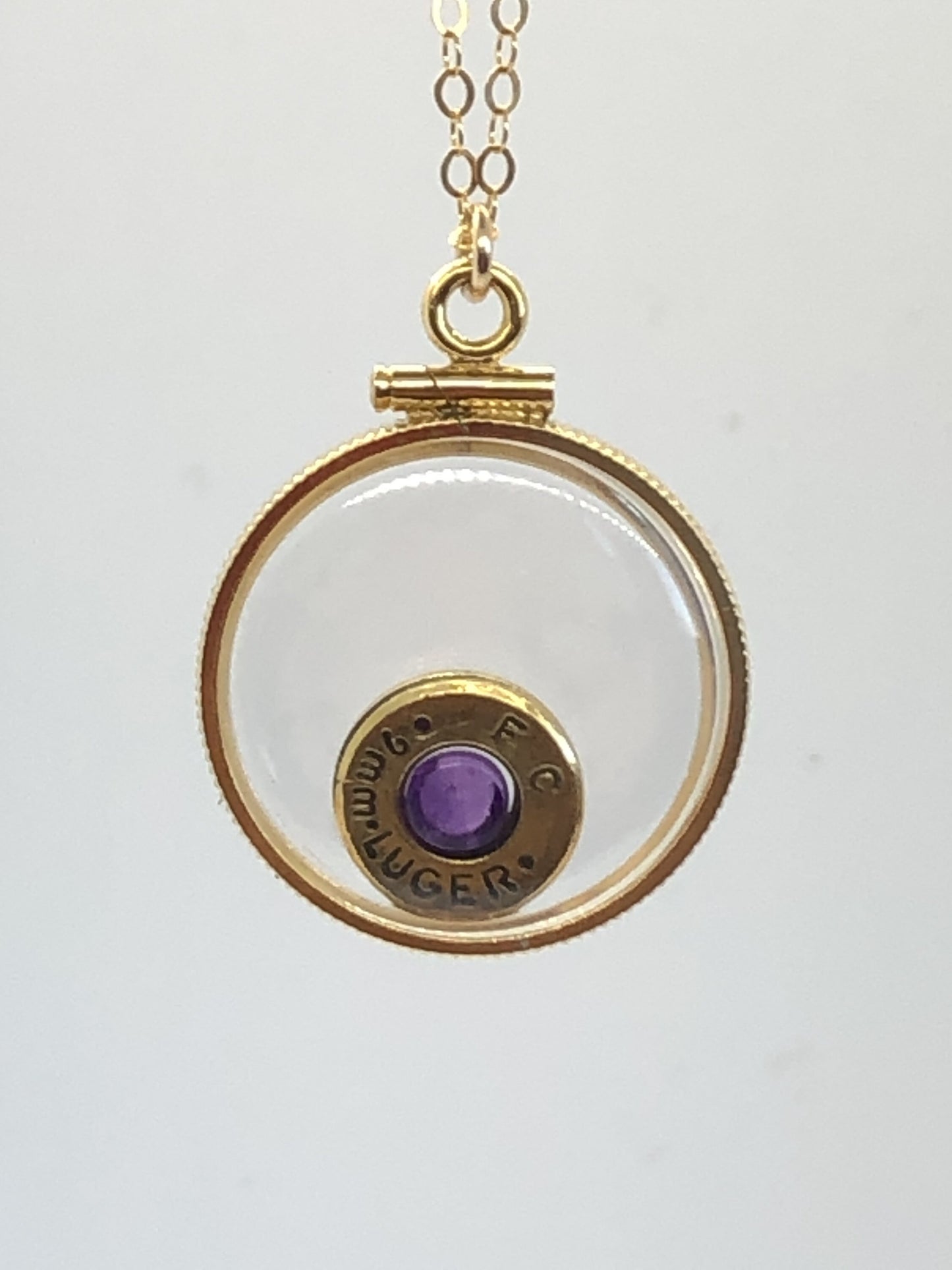 Handmade 14k gold filled 9 mm bullet view locket, finished with a 0.4 CT, 4mm genuine Amethyst gemstone, February birthday