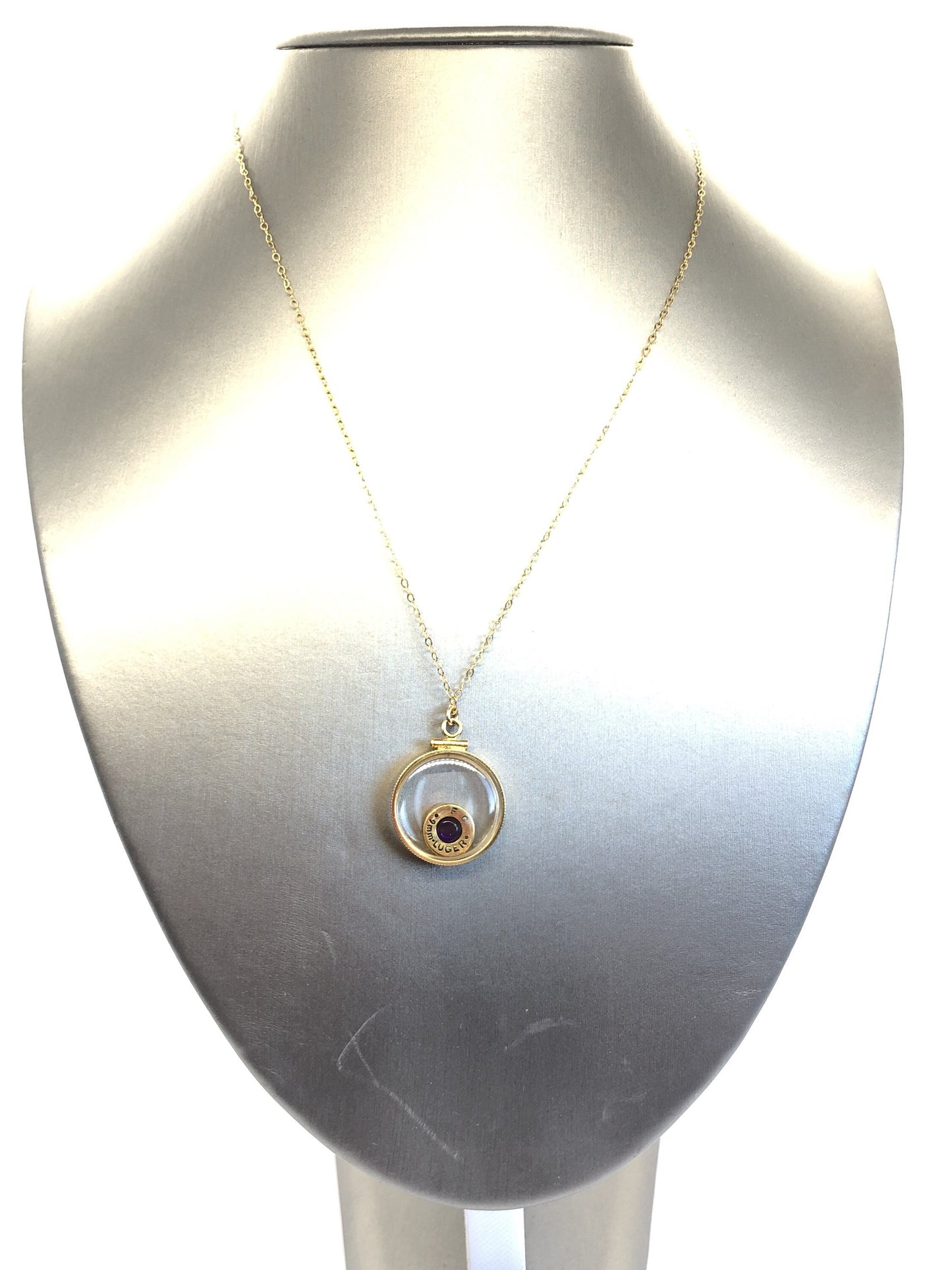 Handmade 14k gold filled 9 mm bullet view locket, finished with a 0.4 CT, 4mm genuine Amethyst gemstone, February birthday