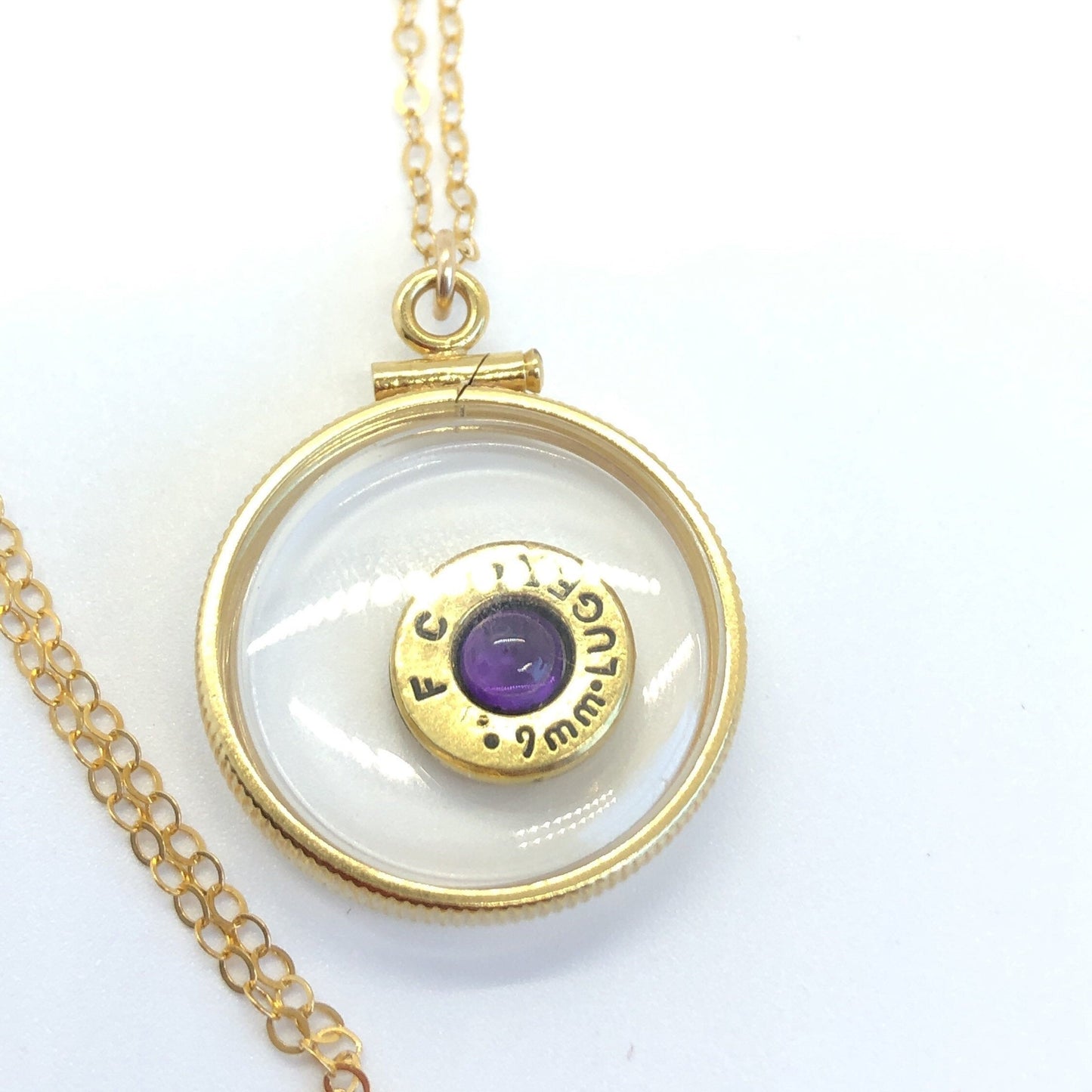 Handmade 14k gold filled 9 mm bullet view locket, finished with a 0.4 CT, 4mm genuine Amethyst gemstone, February birthday