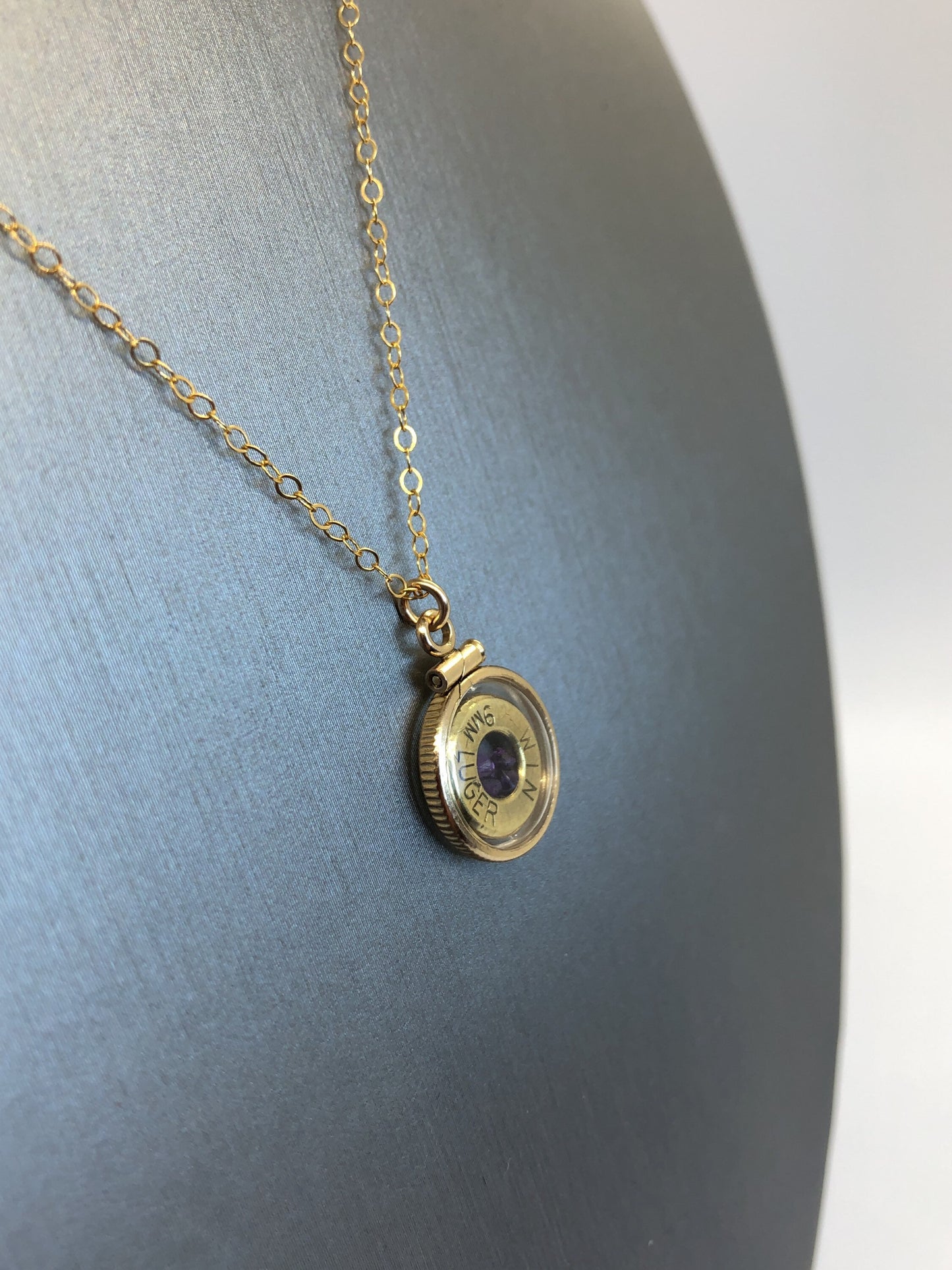 Handmade 14k gold filled 9mm bullet shaker locket, finished with 4 genuine Amethyst cut gems, February birthstone