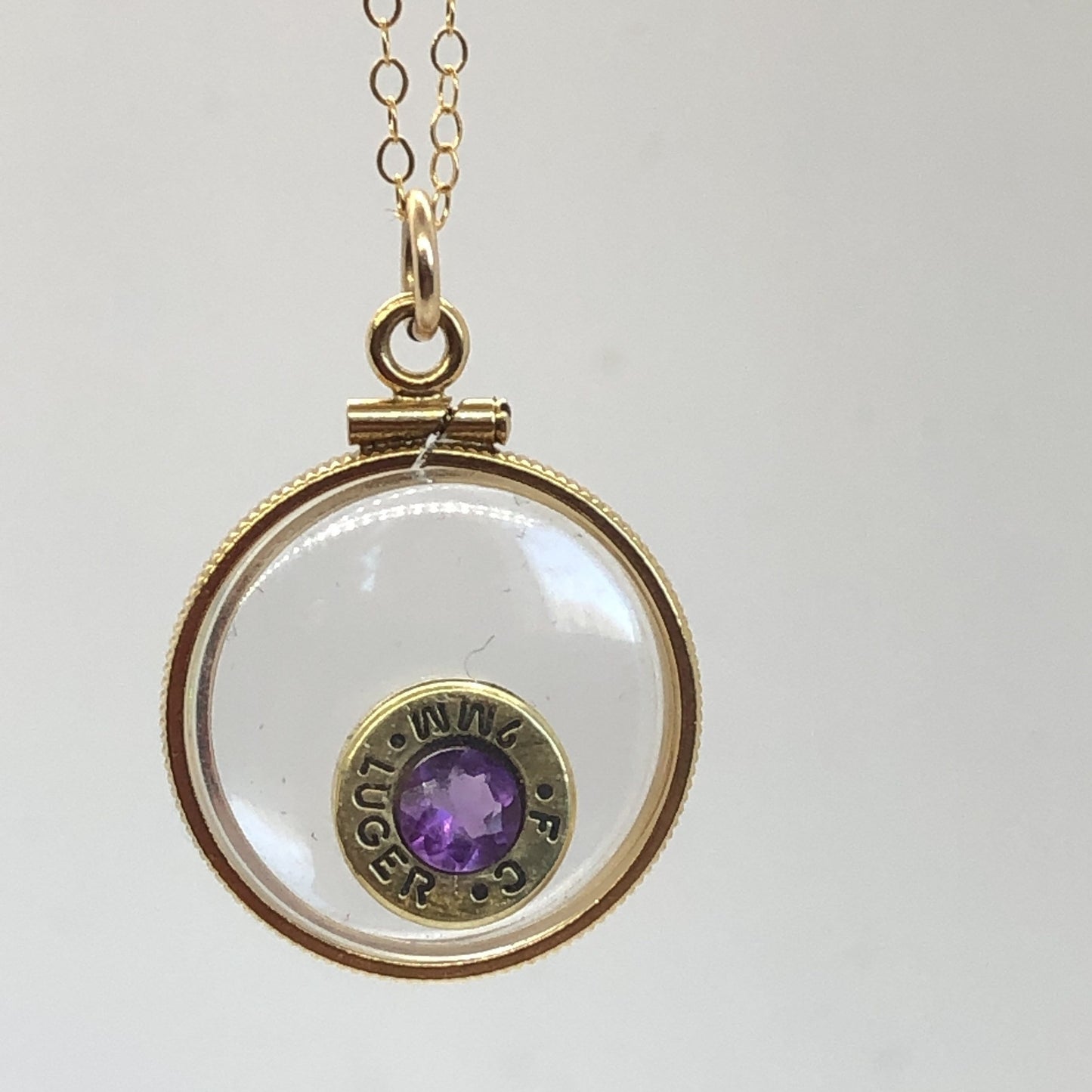 Handmade 14k gold filled 9 mm bullet view locket, finished with a 0.5 CT, 5mm genuine Amethyst gemstone, February birthday