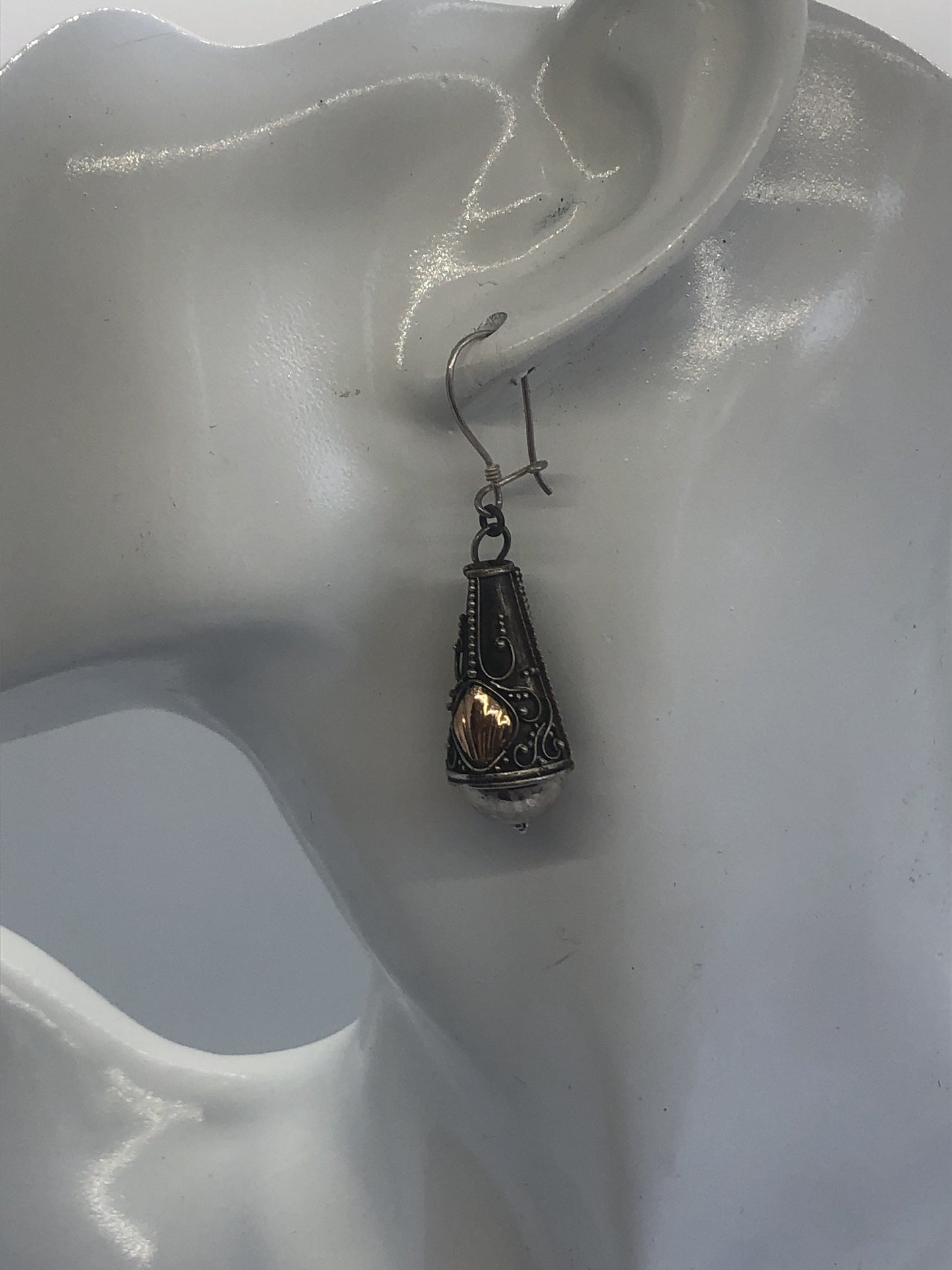 Vintage Handmade Sterling Silver and Gold Wash Earrings Indonesia, Vintage old stock, ornate