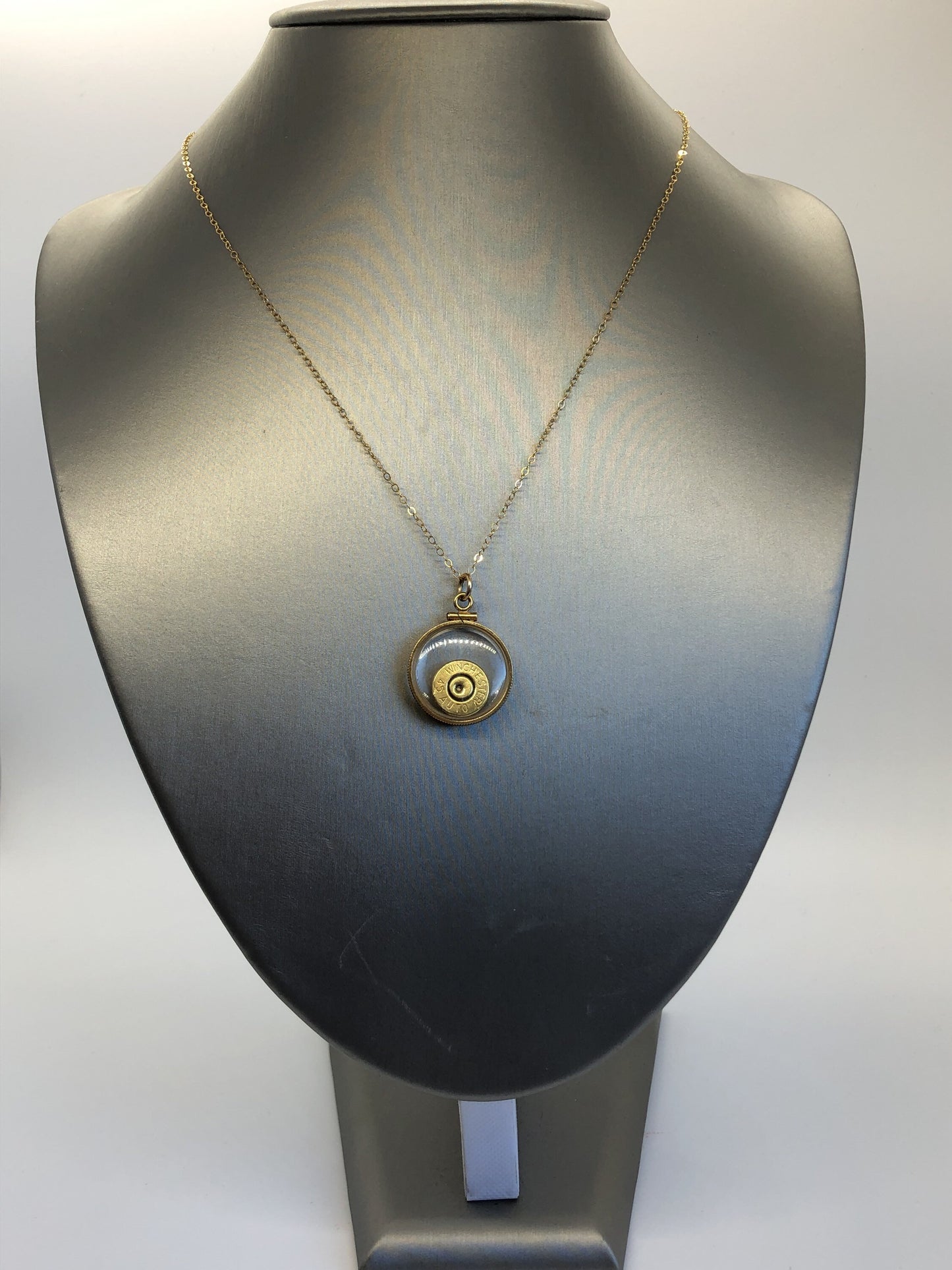 Winchester 45 cal. bullet necklace, back to back view locket, 14k gold filled locket, February birthstone