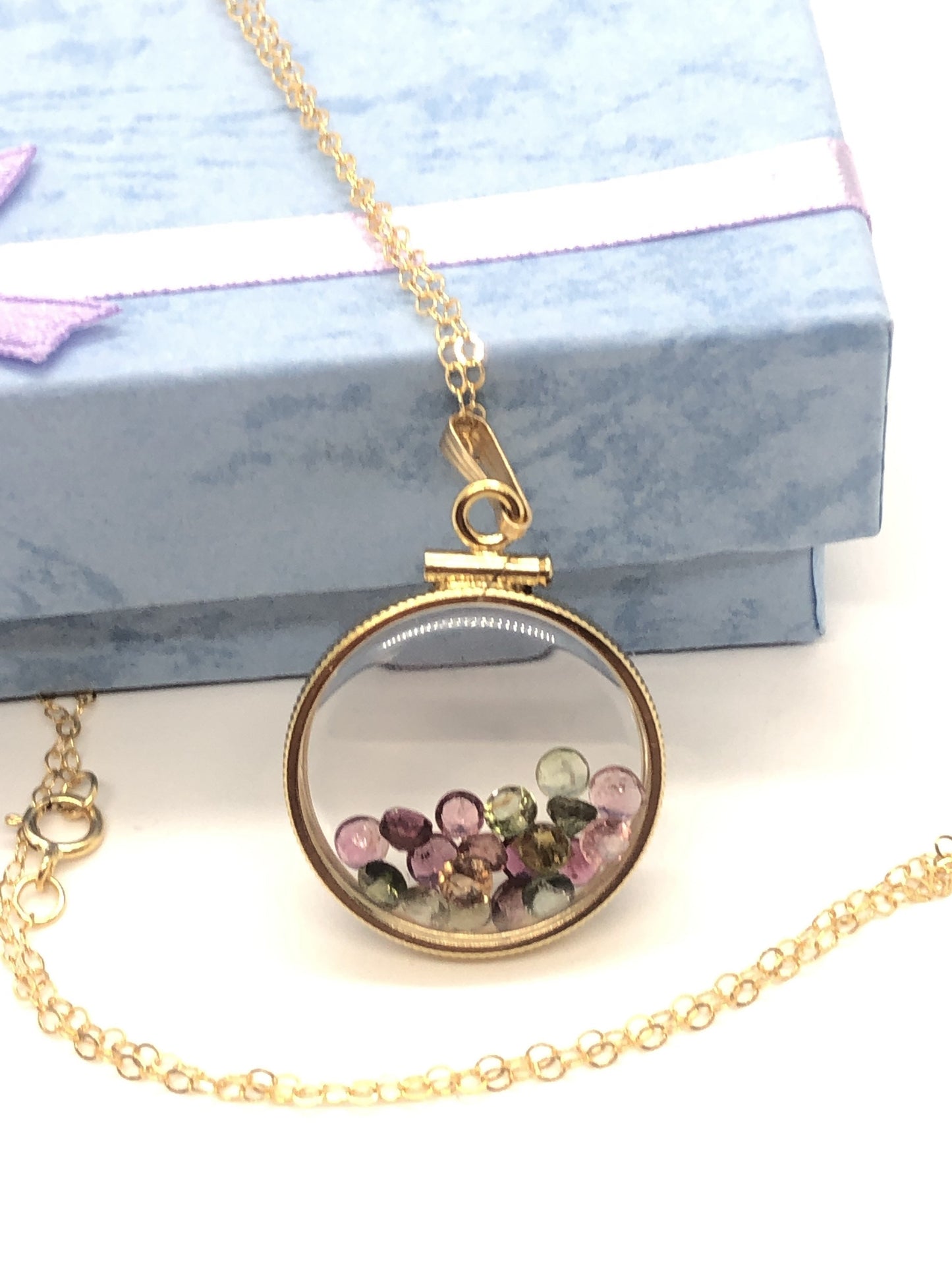 Handmade Tourmaline Shaker Locket 14k gold filled or Silver w/beautiful October Birthstone, you can custom create a locket for Mother’s day