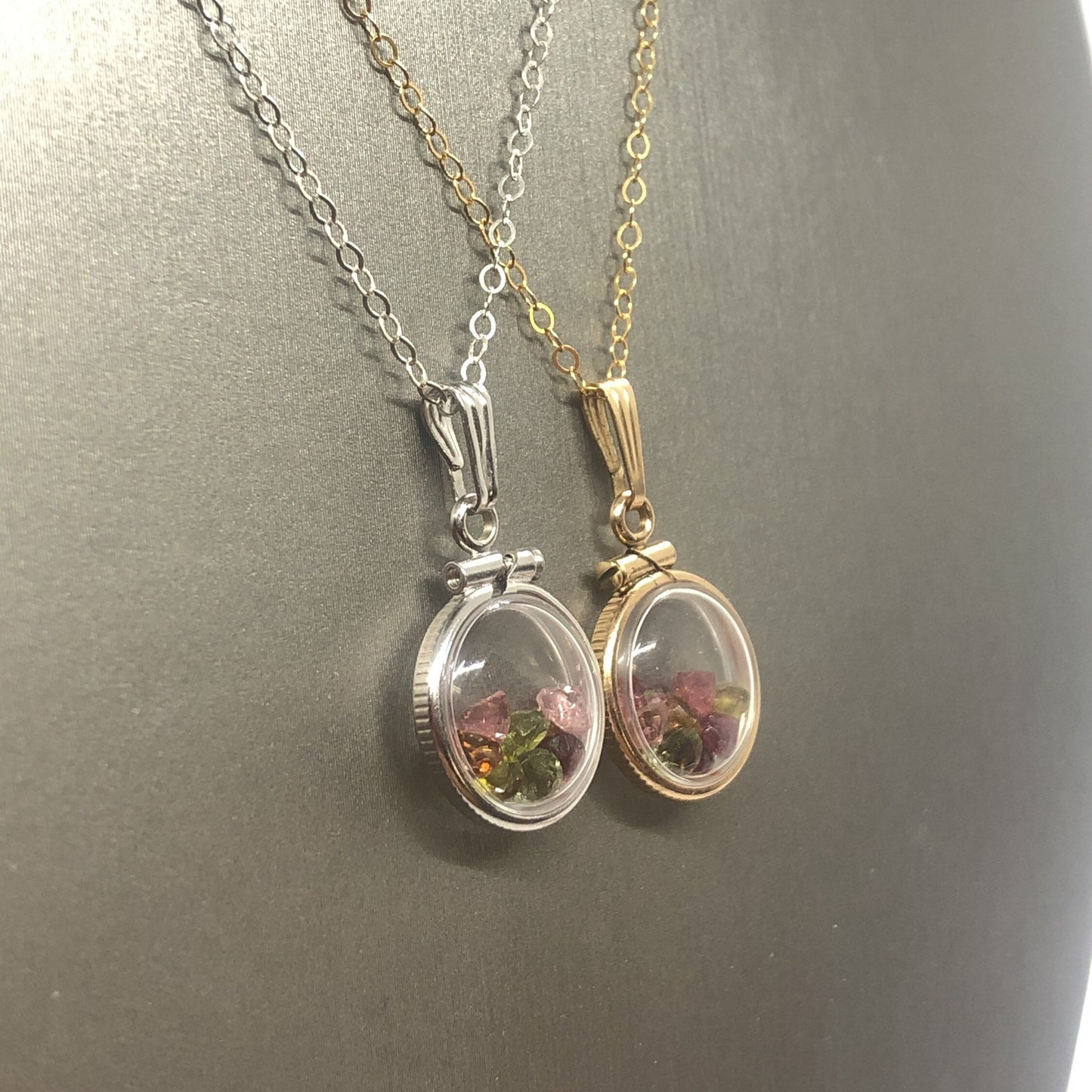 Diminutive .88 TCW Tourmaline Shaker Locket 14k gold filled or Sterling silver beautiful October Birthstone