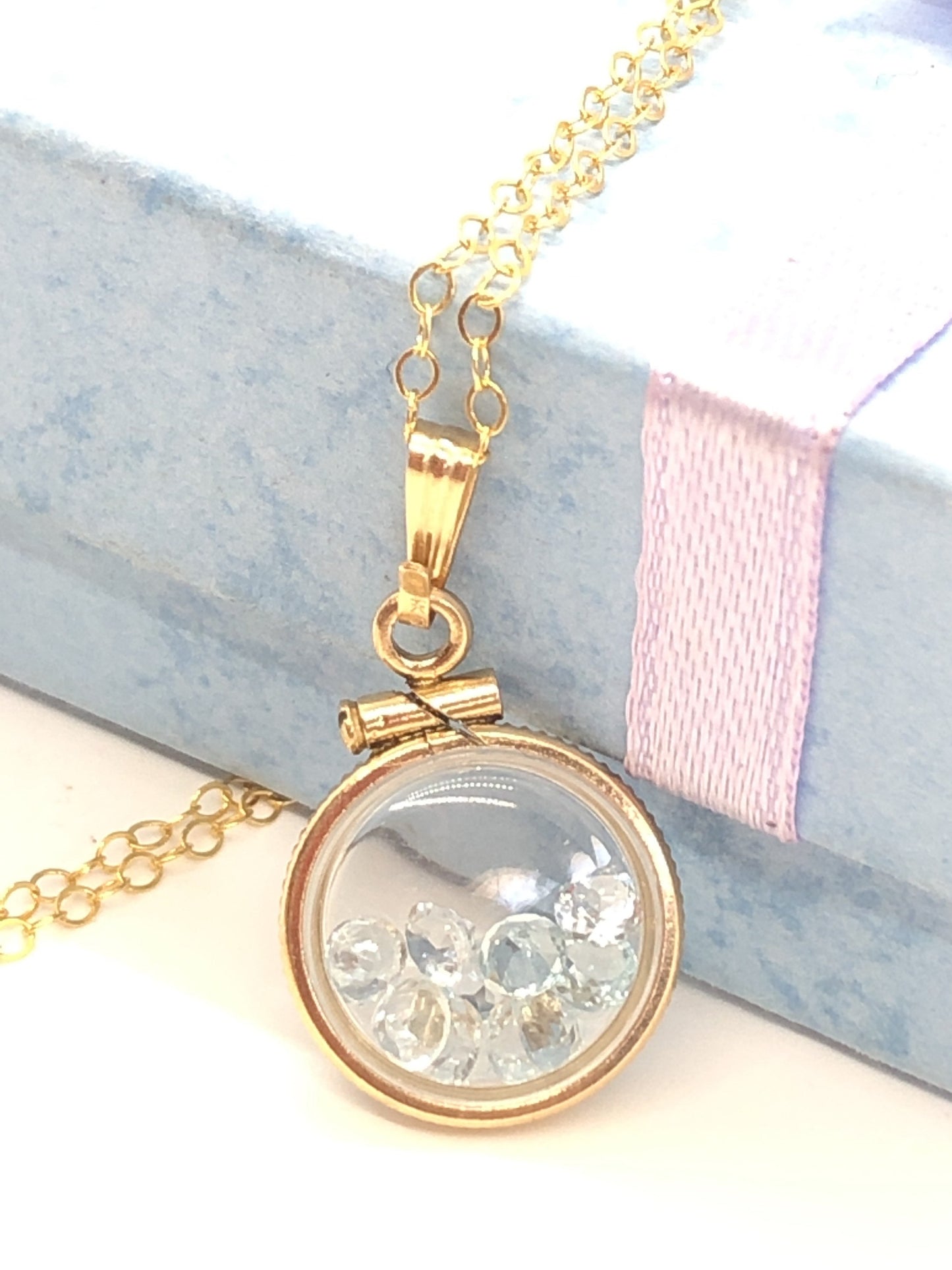 Handmade 1.1 TCW Aquamarine Shaker Locket 14k gold filled or sterling silver with March Birthstone