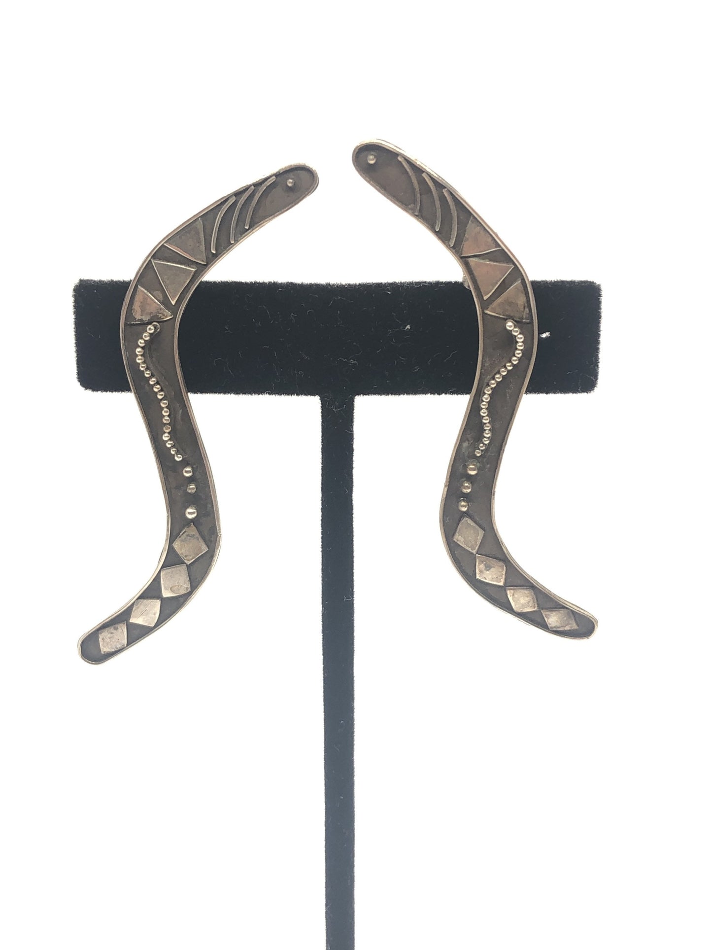 Large Sterling Silver boomerang shape earrings new vintage old stock, Indonesia Post back