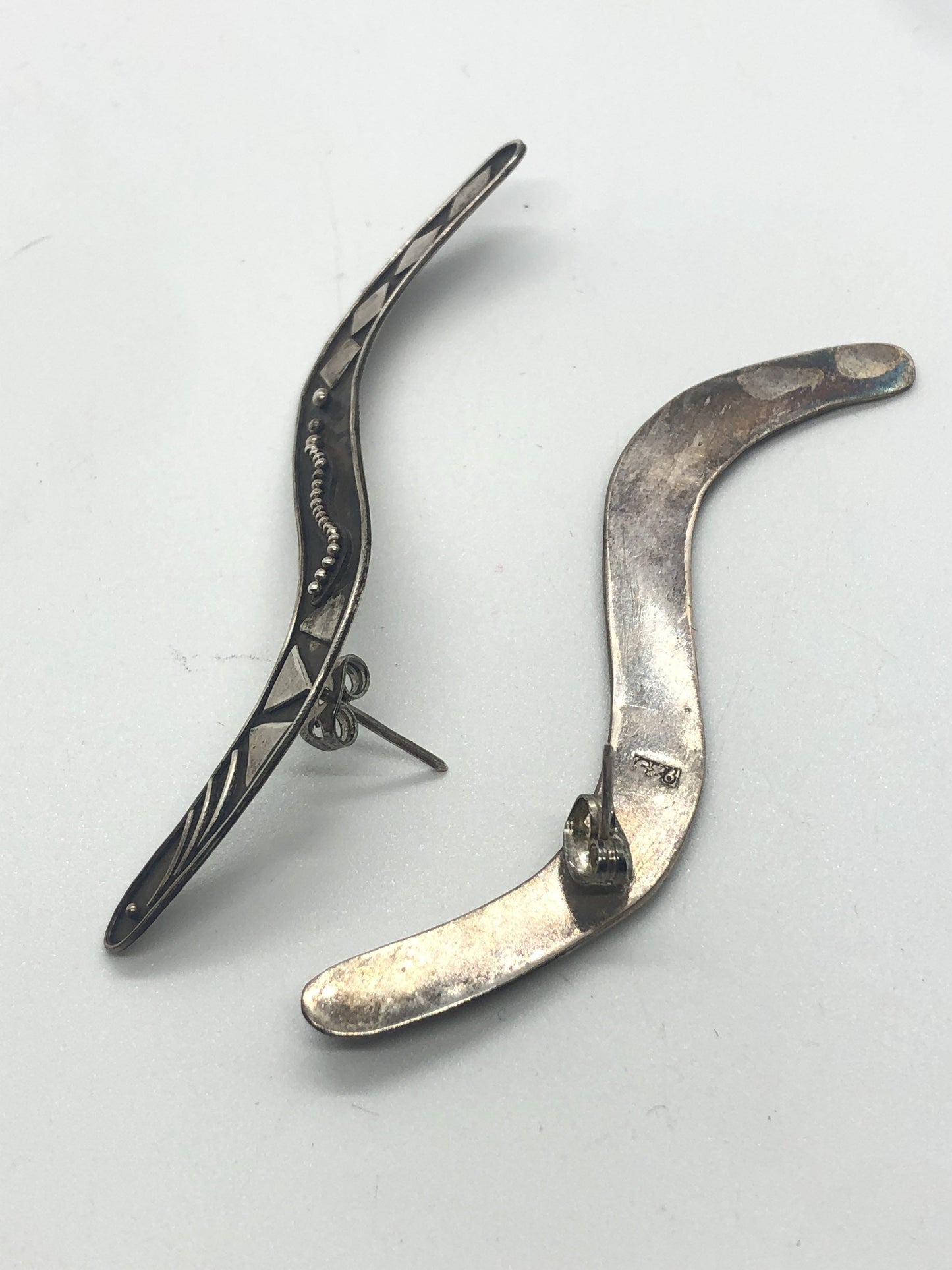 Large Sterling Silver boomerang shape earrings new vintage old stock, Indonesia Post back