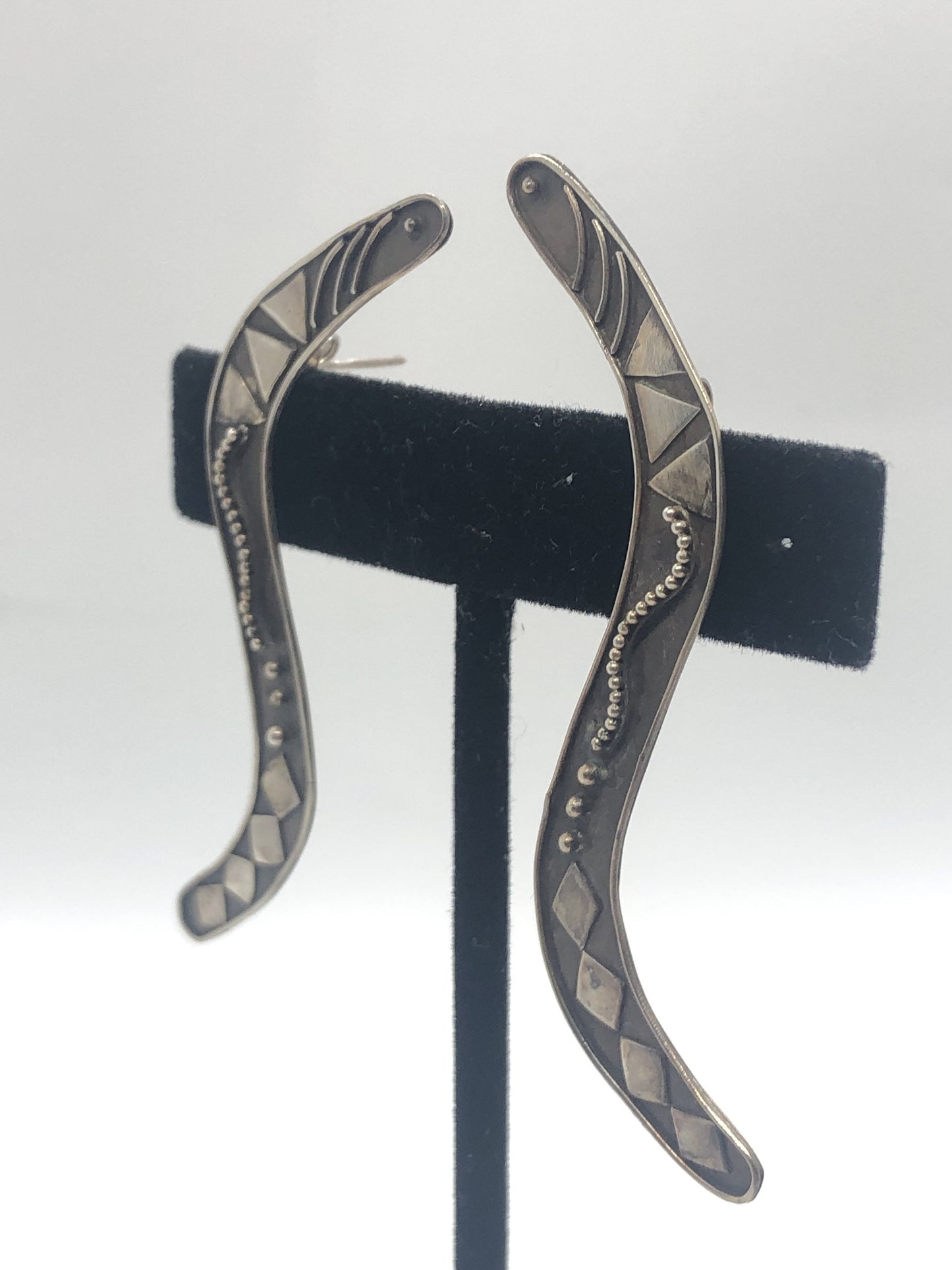 Large Sterling Silver boomerang shape earrings new vintage old stock, Indonesia Post back