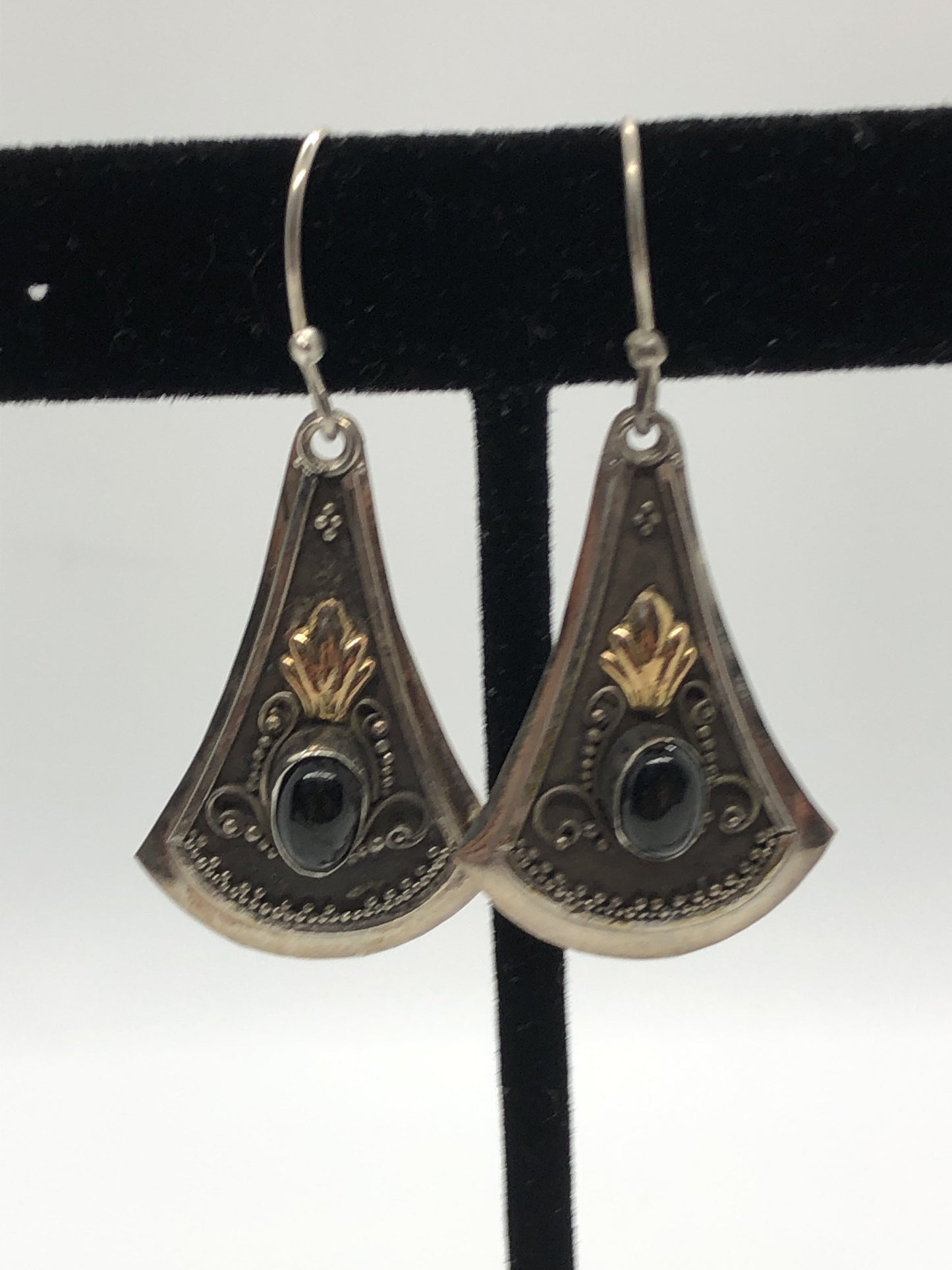 Large Handmade Sterling, Onyx and gold wash french hook Earrings Indonesia, Vintage new old stock, Beautiful