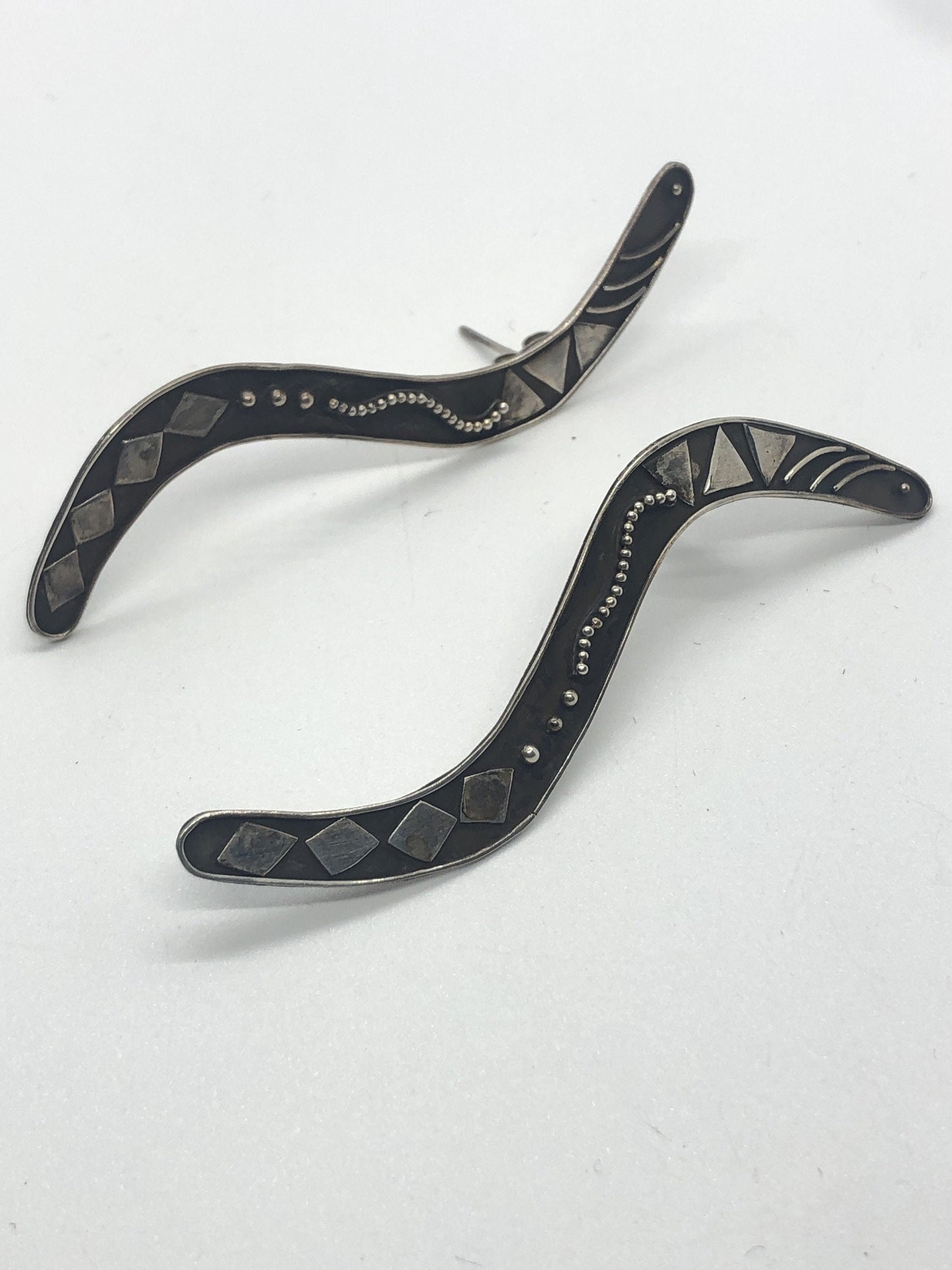 Large Sterling Silver boomerang shape earrings new vintage old stock, Indonesia Post back