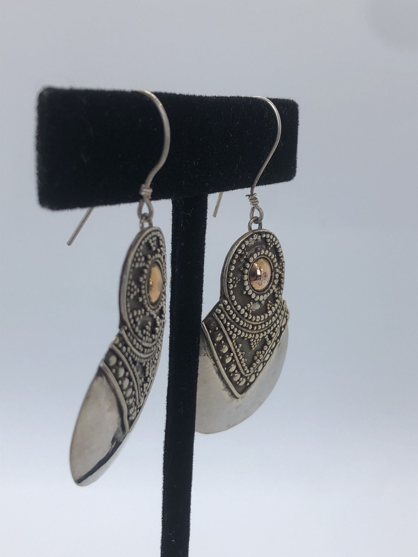 Vintage Hand made Indonesian Sterling Silver with Gold Wash Earrings. French hooks new old stock, avocado shaped