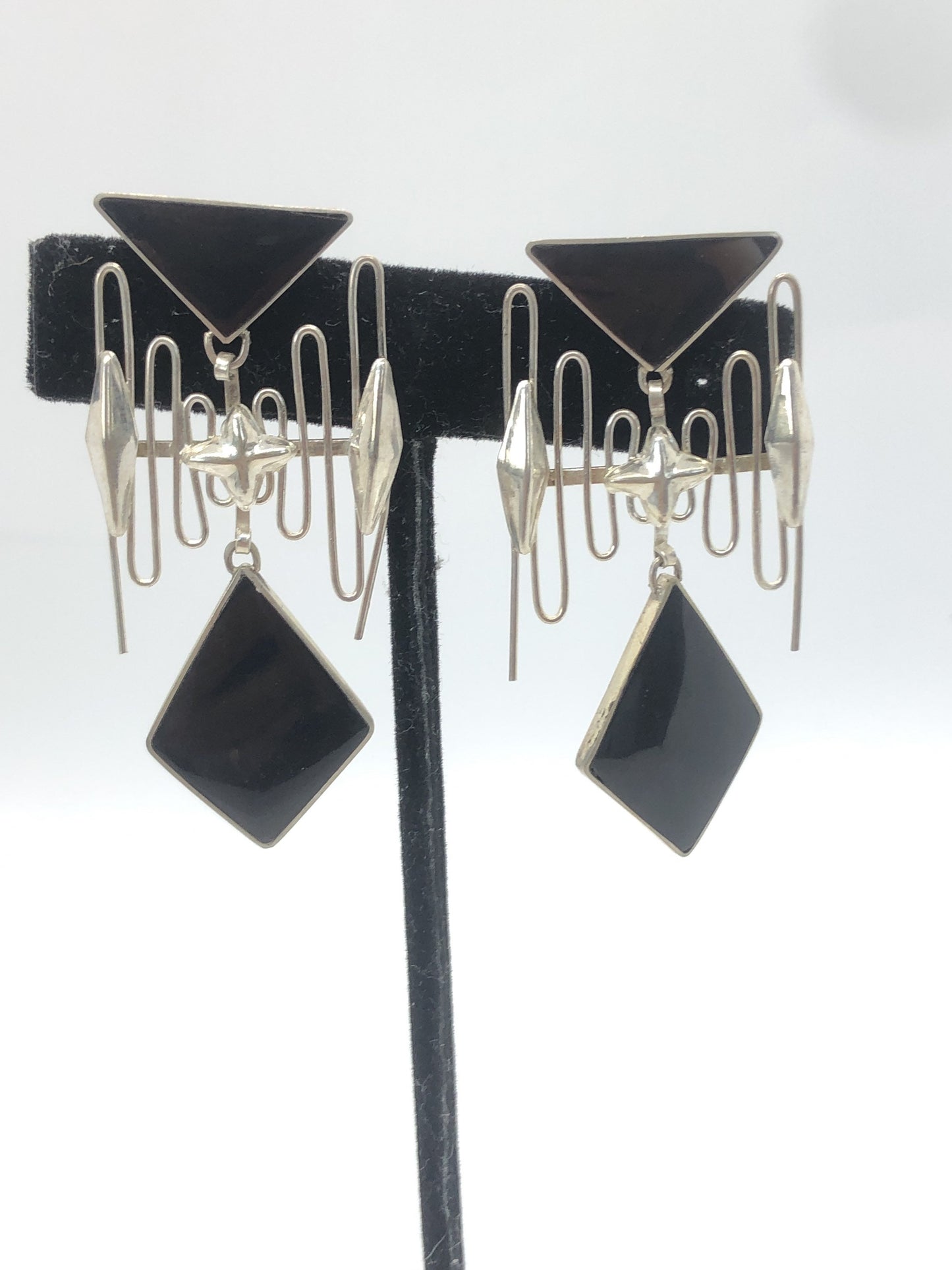 Handmade Sterling and Onyx post back Indonesia, Vintage new old stock, Beautiful, squiggles