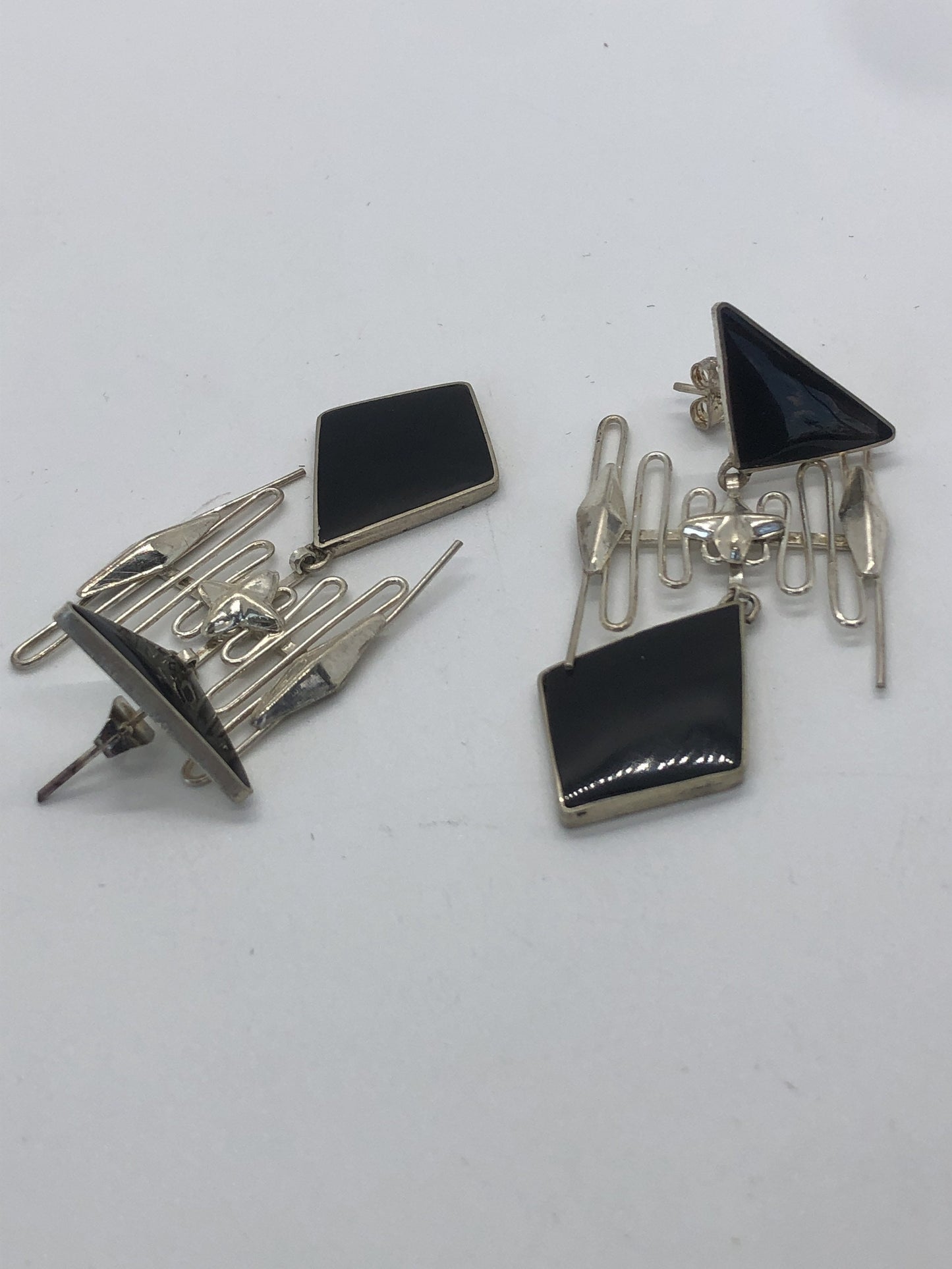 Handmade Sterling and Onyx post back Indonesia, Vintage new old stock, Beautiful, squiggles
