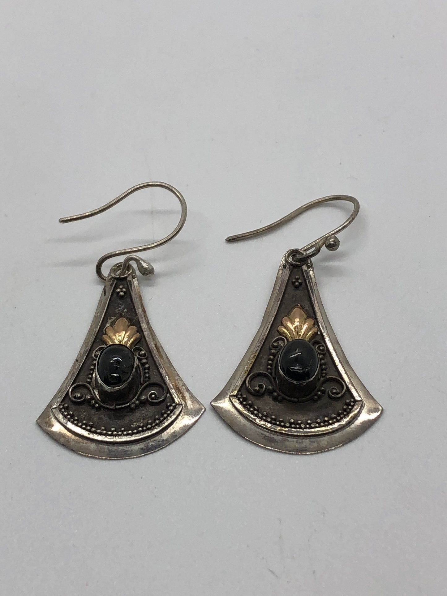 Large Handmade Sterling, Onyx and gold wash french hook Earrings Indonesia, Vintage new old stock, Beautiful