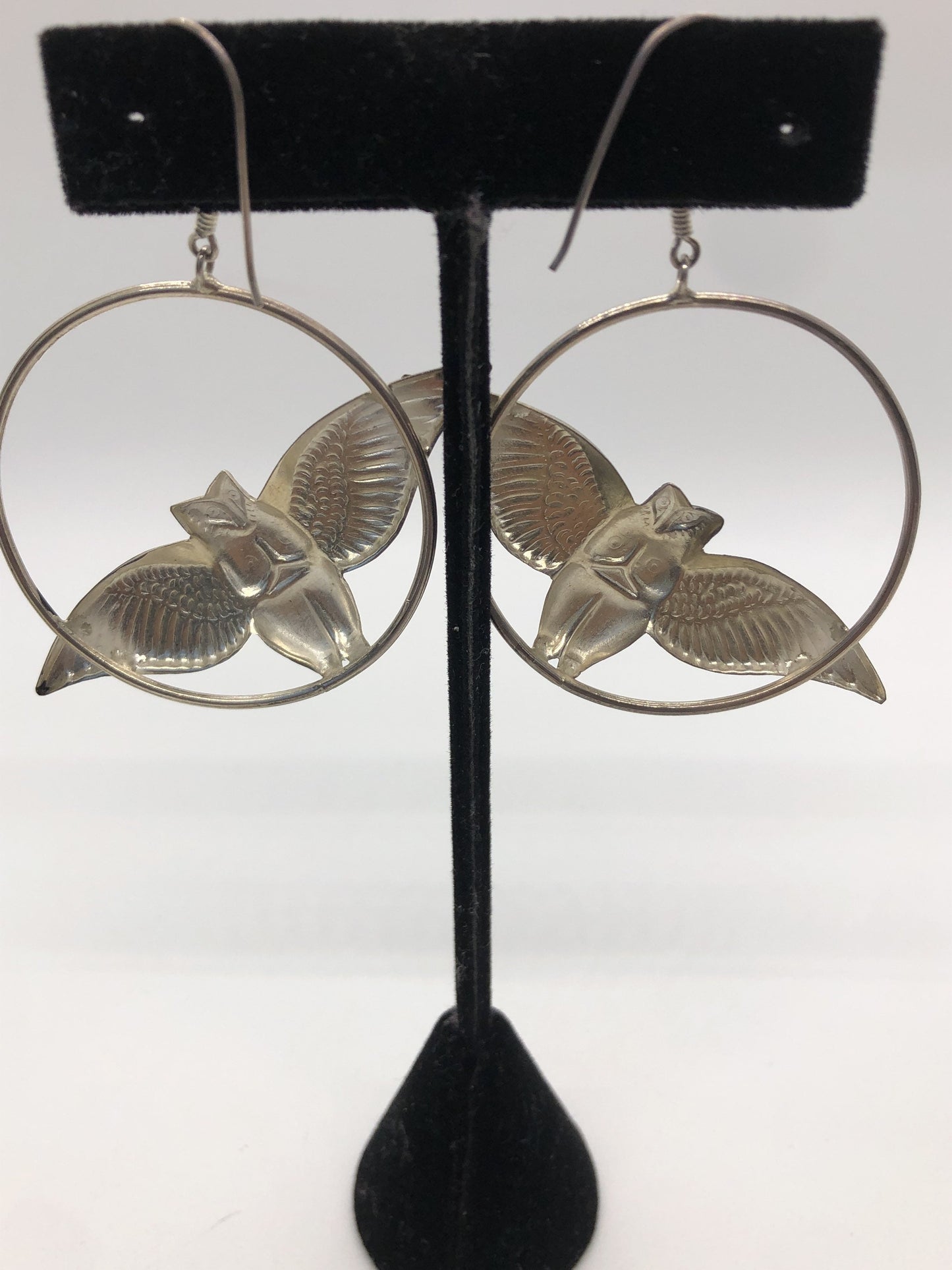 Large Owl hoop Handmade Sterling Silver Earrings Indonesia, Vintage old stock, Beautiful and massive