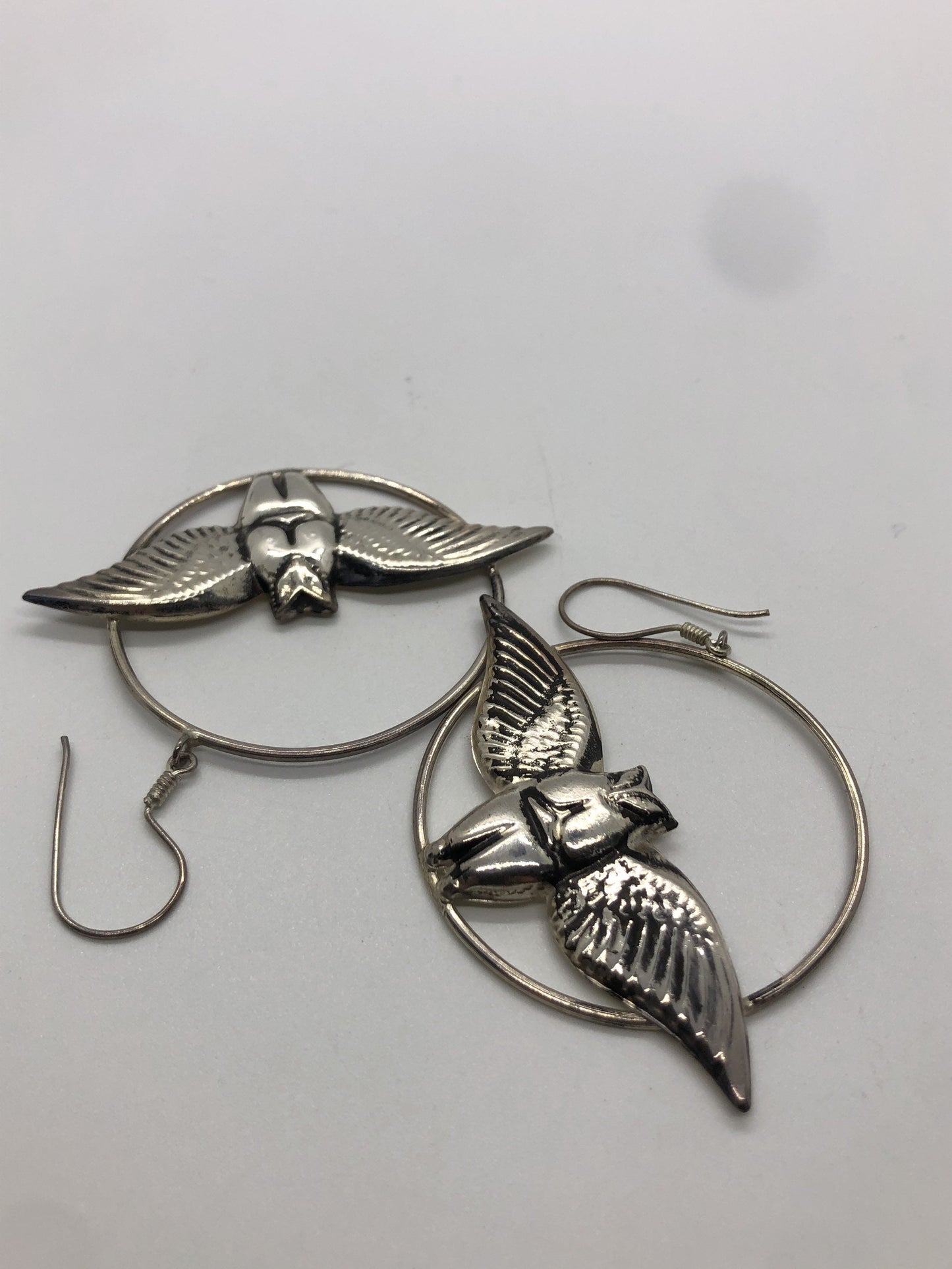 Large Owl hoop Handmade Sterling Silver Earrings Indonesia, Vintage old stock, Beautiful and massive