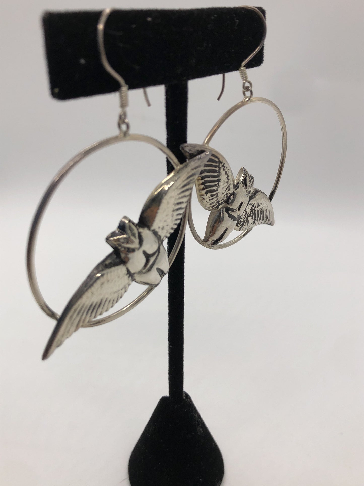 Large Owl hoop Handmade Sterling Silver Earrings Indonesia, Vintage old stock, Beautiful and massive