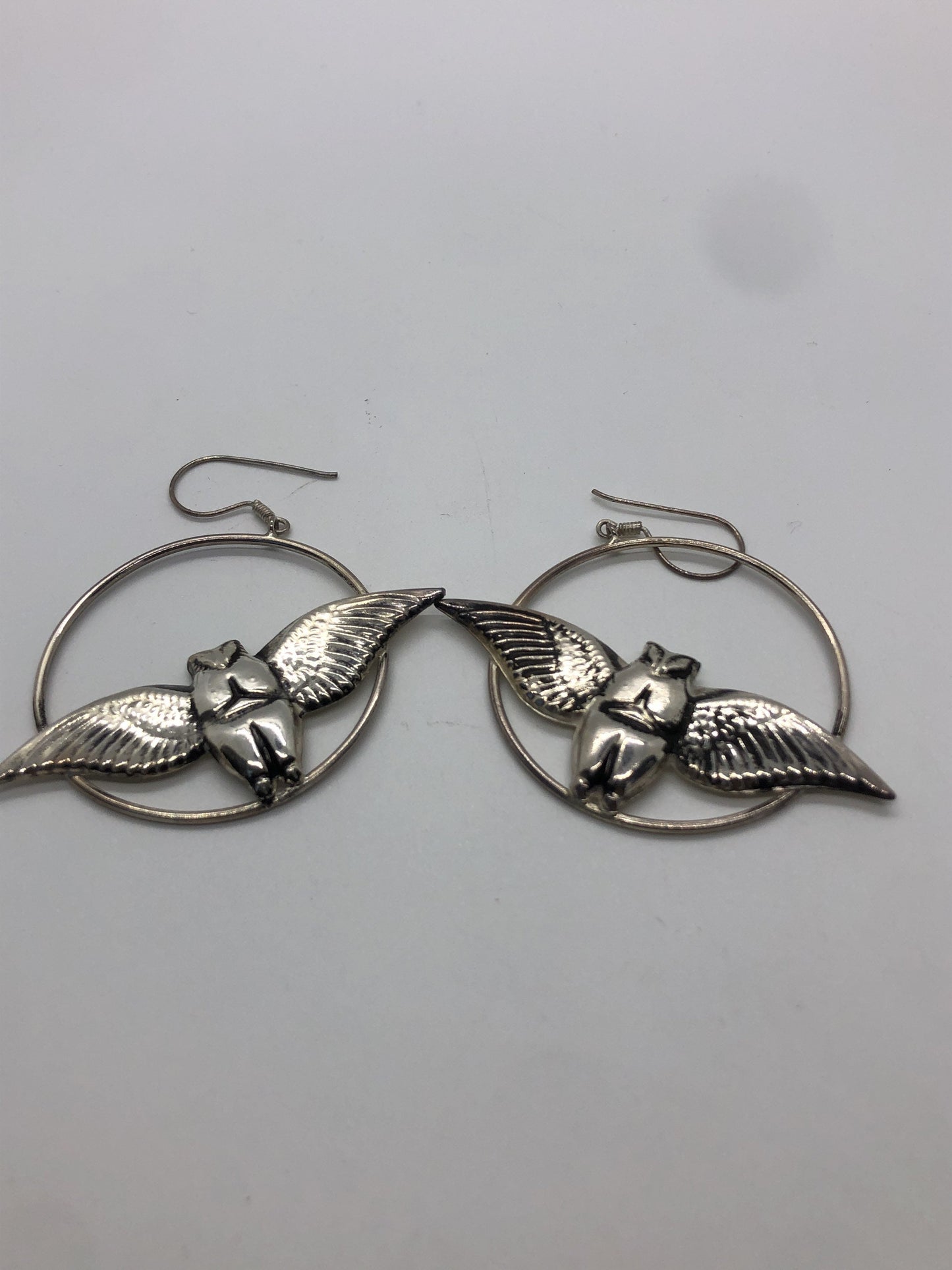 Large Owl hoop Handmade Sterling Silver Earrings Indonesia, Vintage old stock, Beautiful and massive