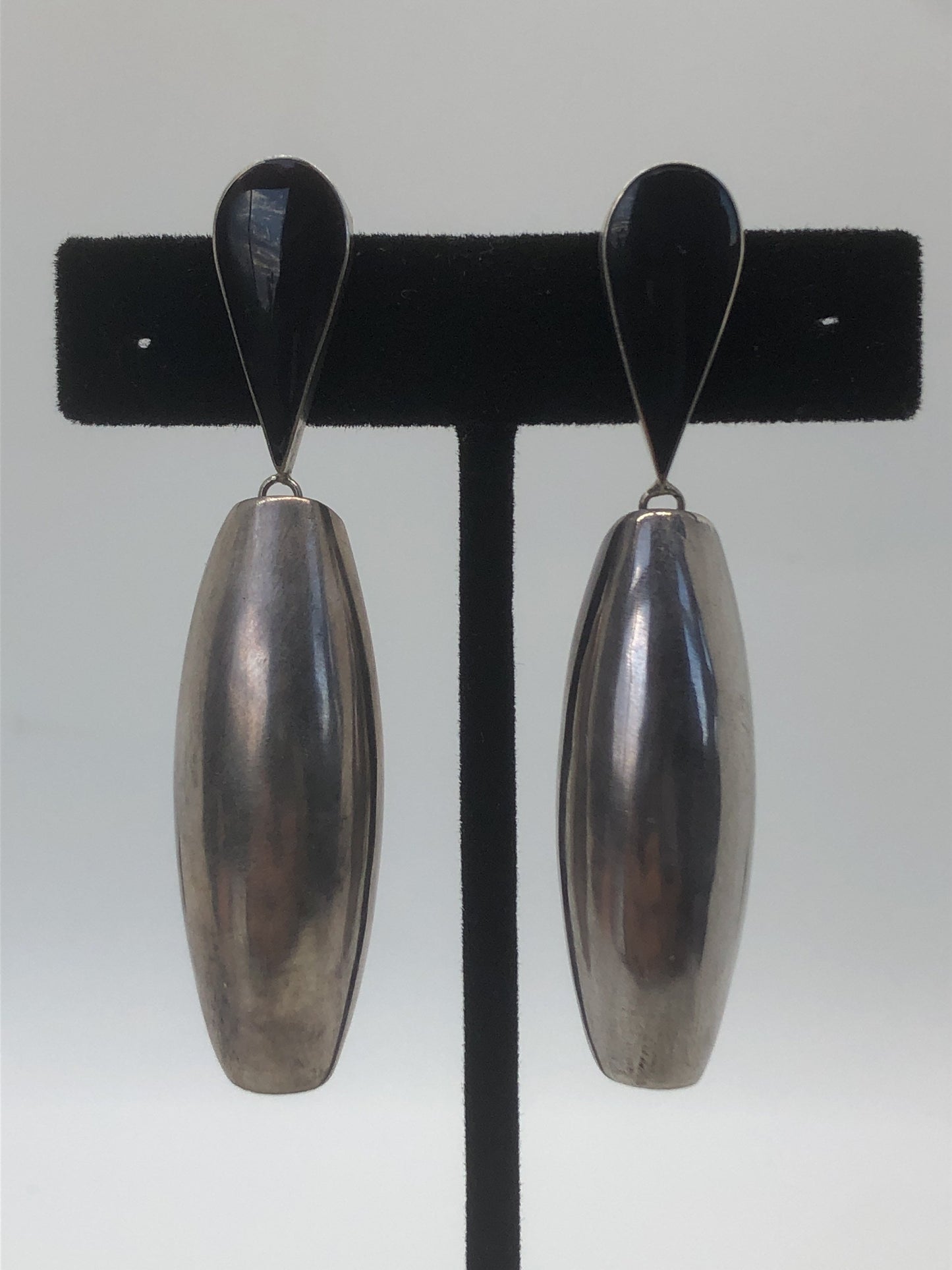 Handmade Sterling and Onyx Dangle Earrings Indonesia, Vintage new old stock, Beautiful huge ethnic