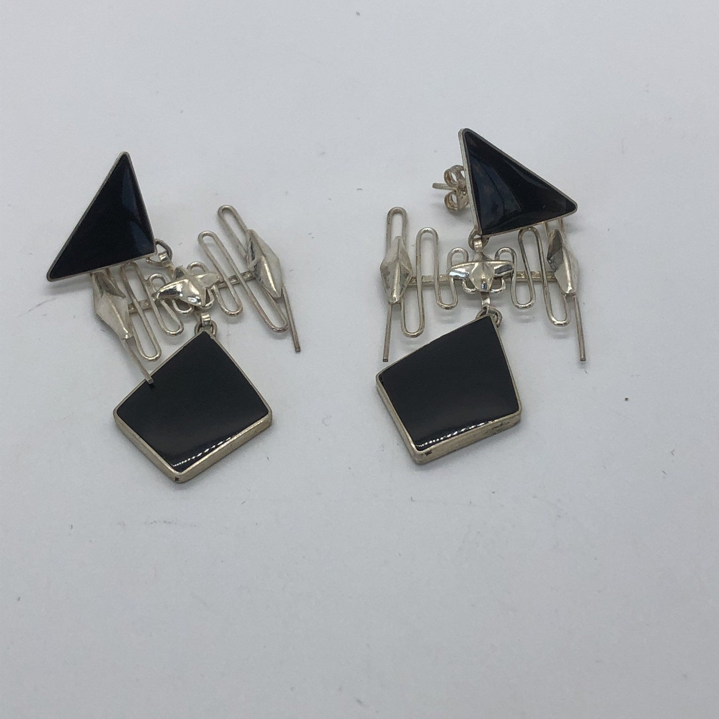 Handmade Sterling and Onyx post back Indonesia, Vintage new old stock, Beautiful, squiggles