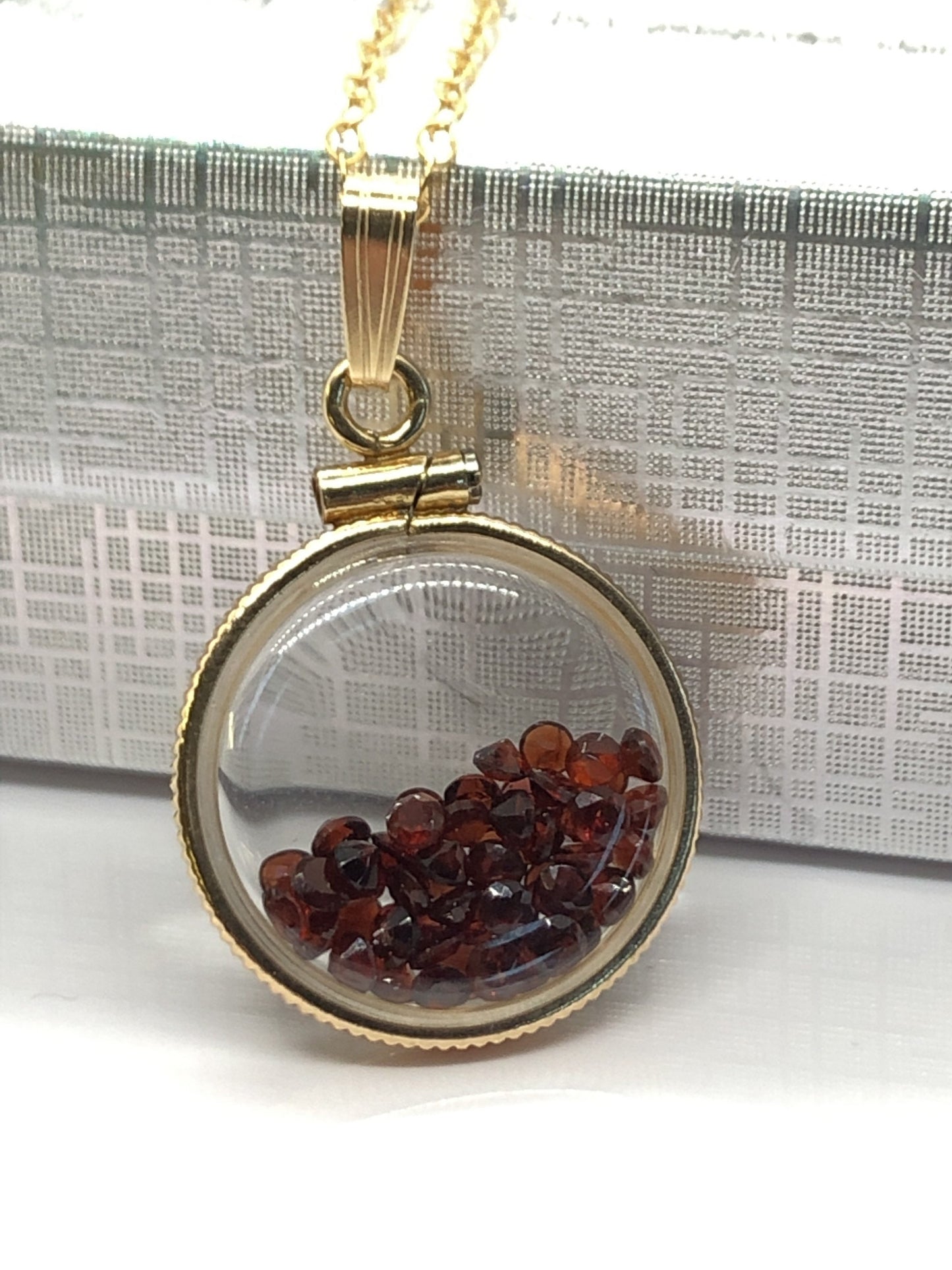 Handmade Dime-size Garnet Shaker Locket, 14k gold filled w/ 2.50 CTW gems. January Birthstone Customize one for your Mother's Day? ask me