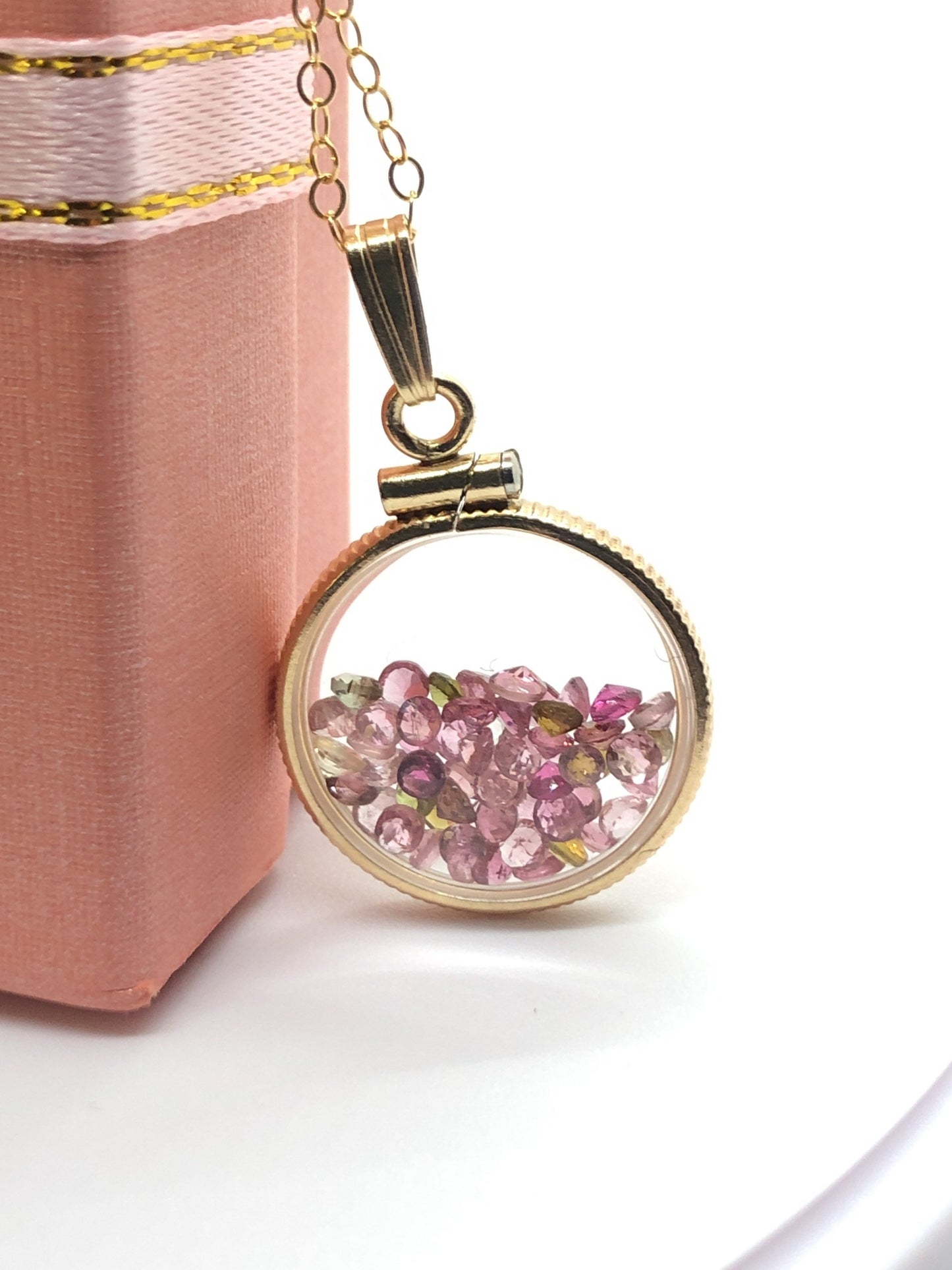 Handmade Dime-size Tourmaline Shaker Locket 14k Gold-Filled Lucite View Locket, Necklace, Beautiful October Birthstone. Small cut gems.