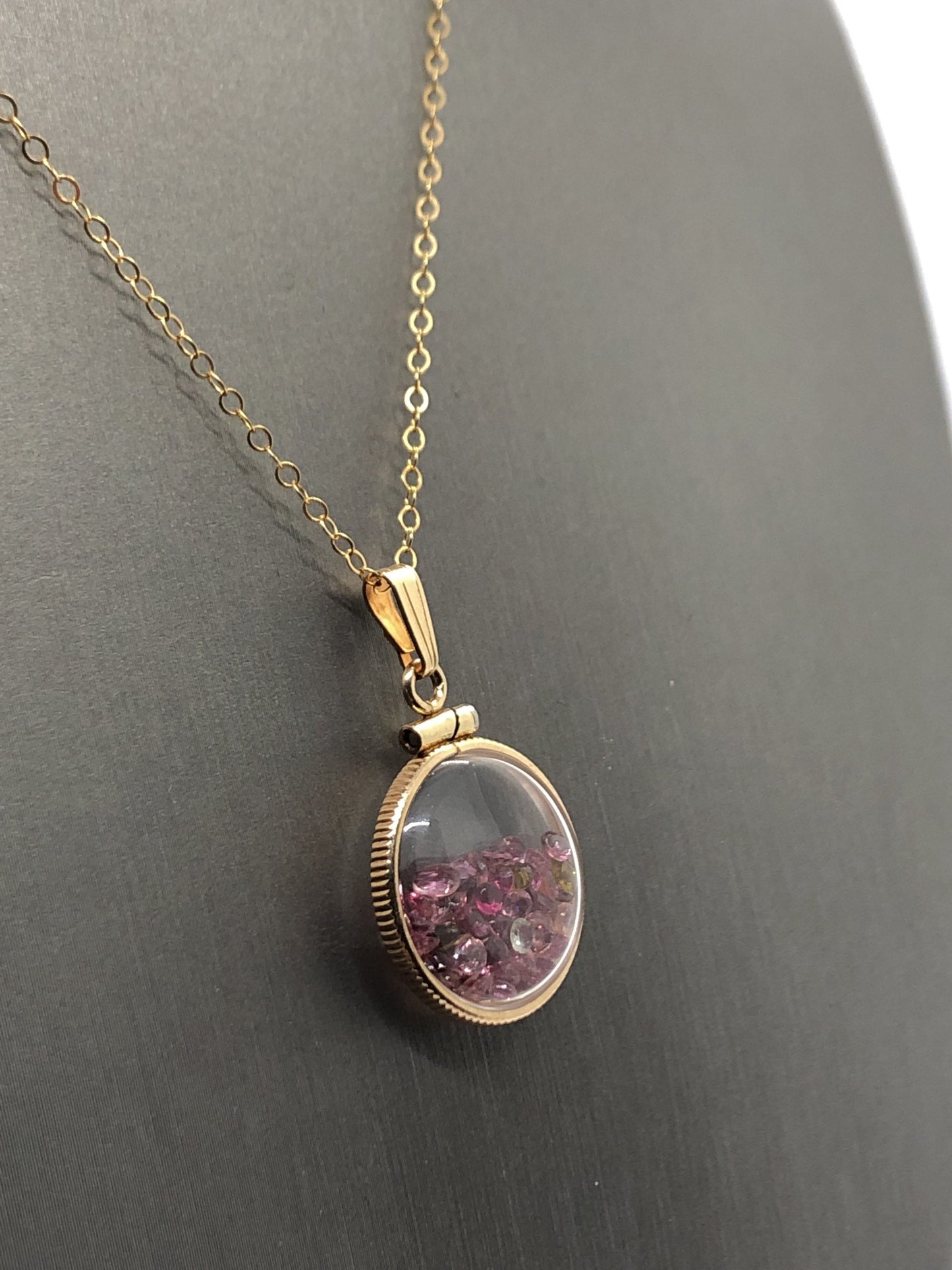 Handmade Dime-size Tourmaline Shaker Locket 14k Gold-Filled Lucite View Locket, Necklace, Beautiful October Birthstone. Small cut gems.