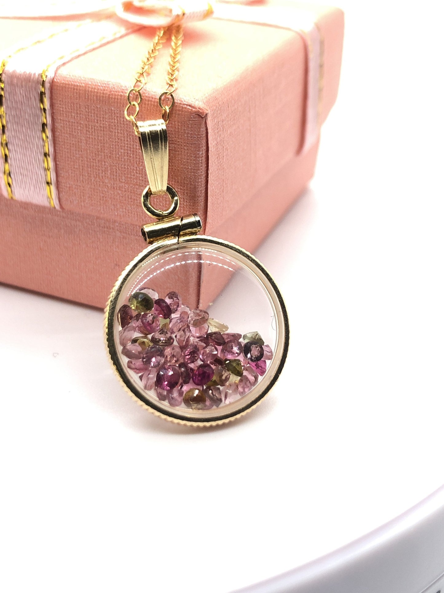 Handmade Dime-size Tourmaline Shaker Locket 14k Gold-Filled Lucite View Locket, Necklace, Beautiful October Birthstone. Small cut gems.