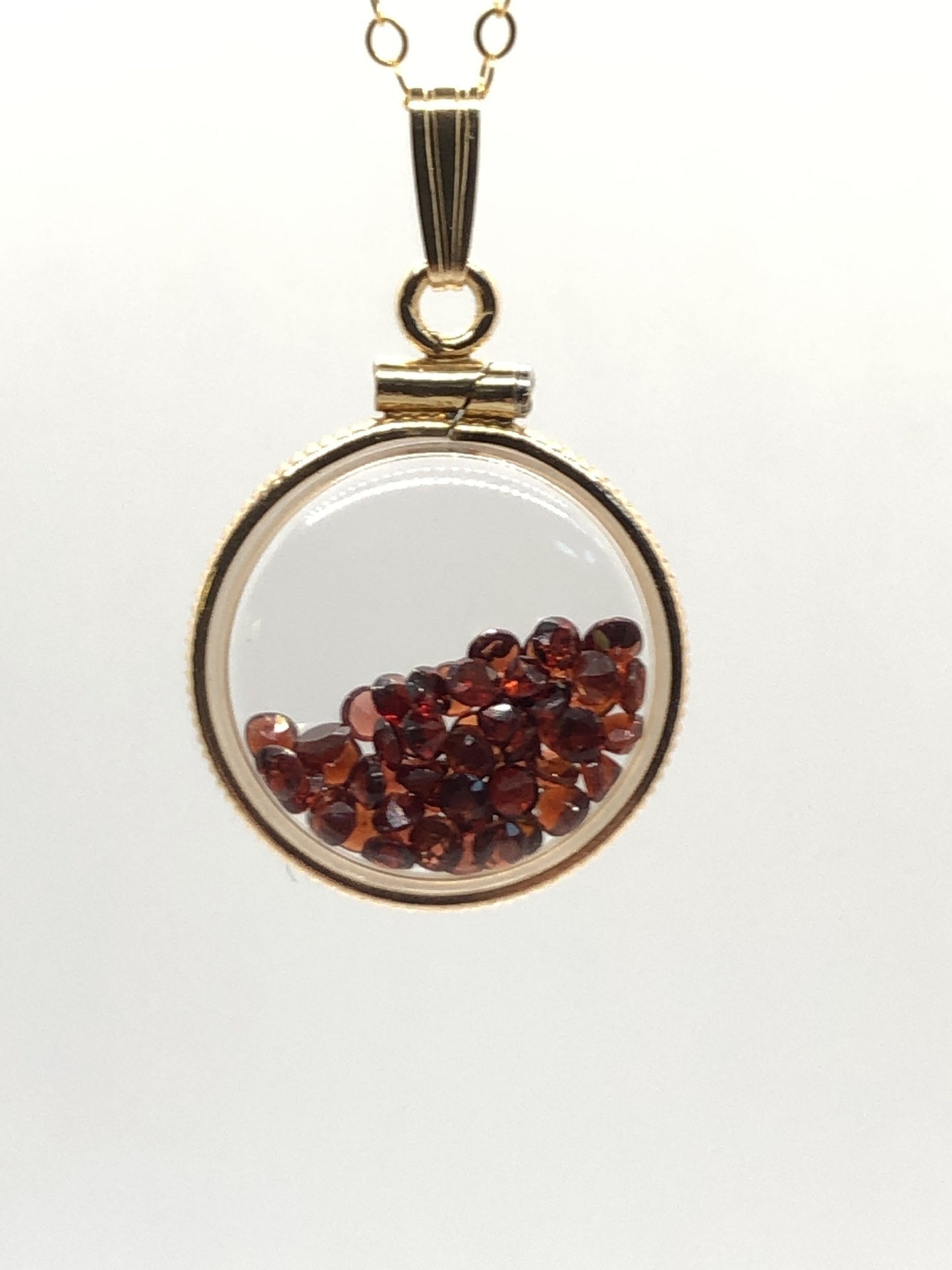 Handmade Dime-size Garnet Shaker Locket, 14k gold filled w/ 2.50 CTW gems. January Birthstone Customize one for your Mother's Day? ask me