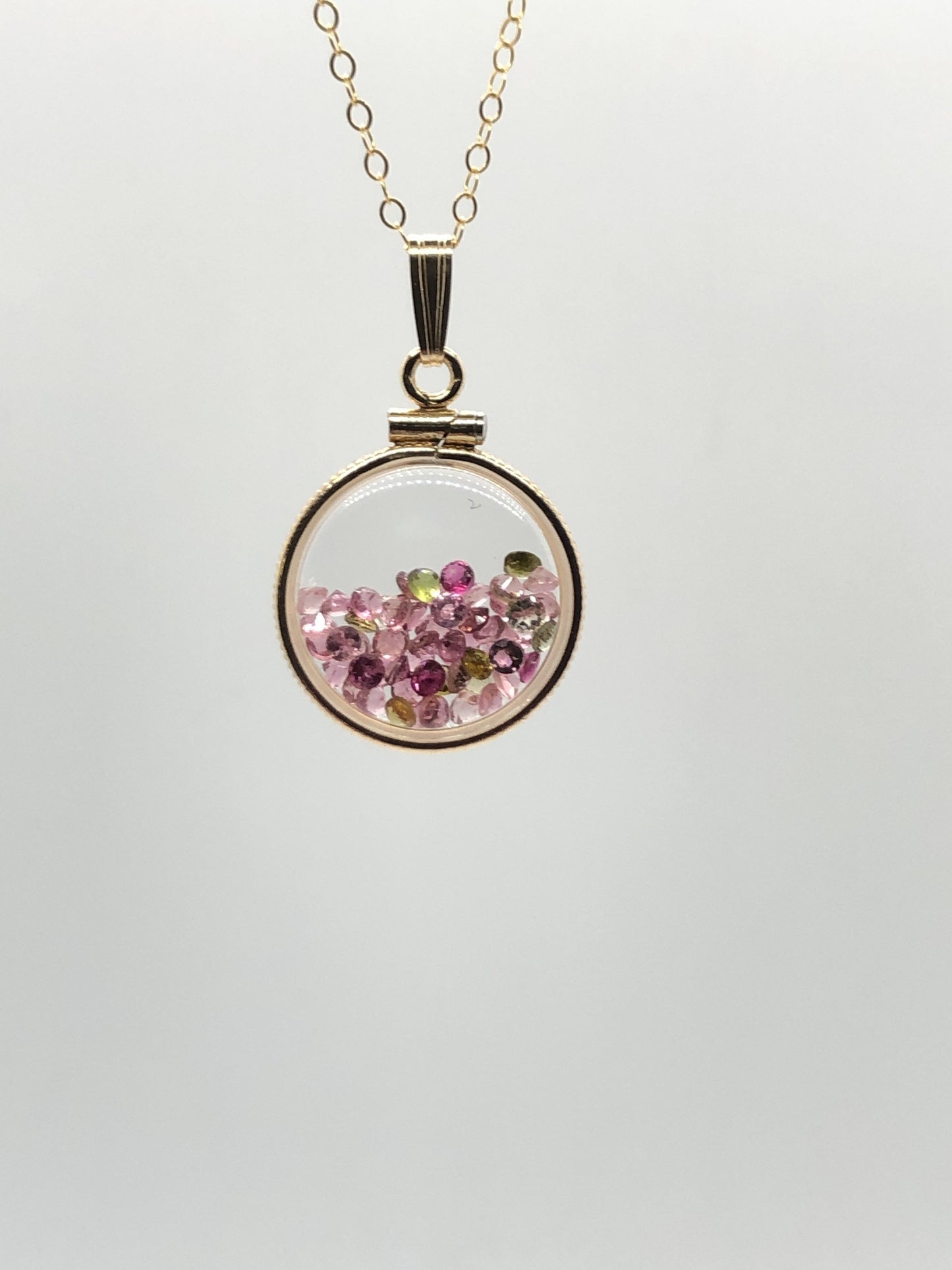 Handmade Dime-size Tourmaline Shaker Locket 14k Gold-Filled Lucite View Locket, Necklace, Beautiful October Birthstone. Small cut gems.