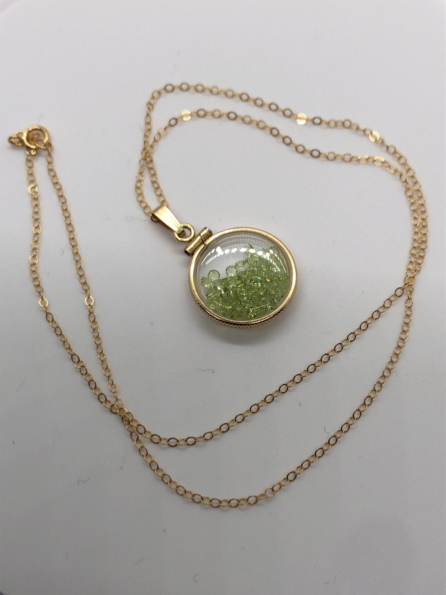 Handmade Dime Size Peridot Shaker Locket 14k gold filled beautiful August Birthstone, 2.5 TCW
